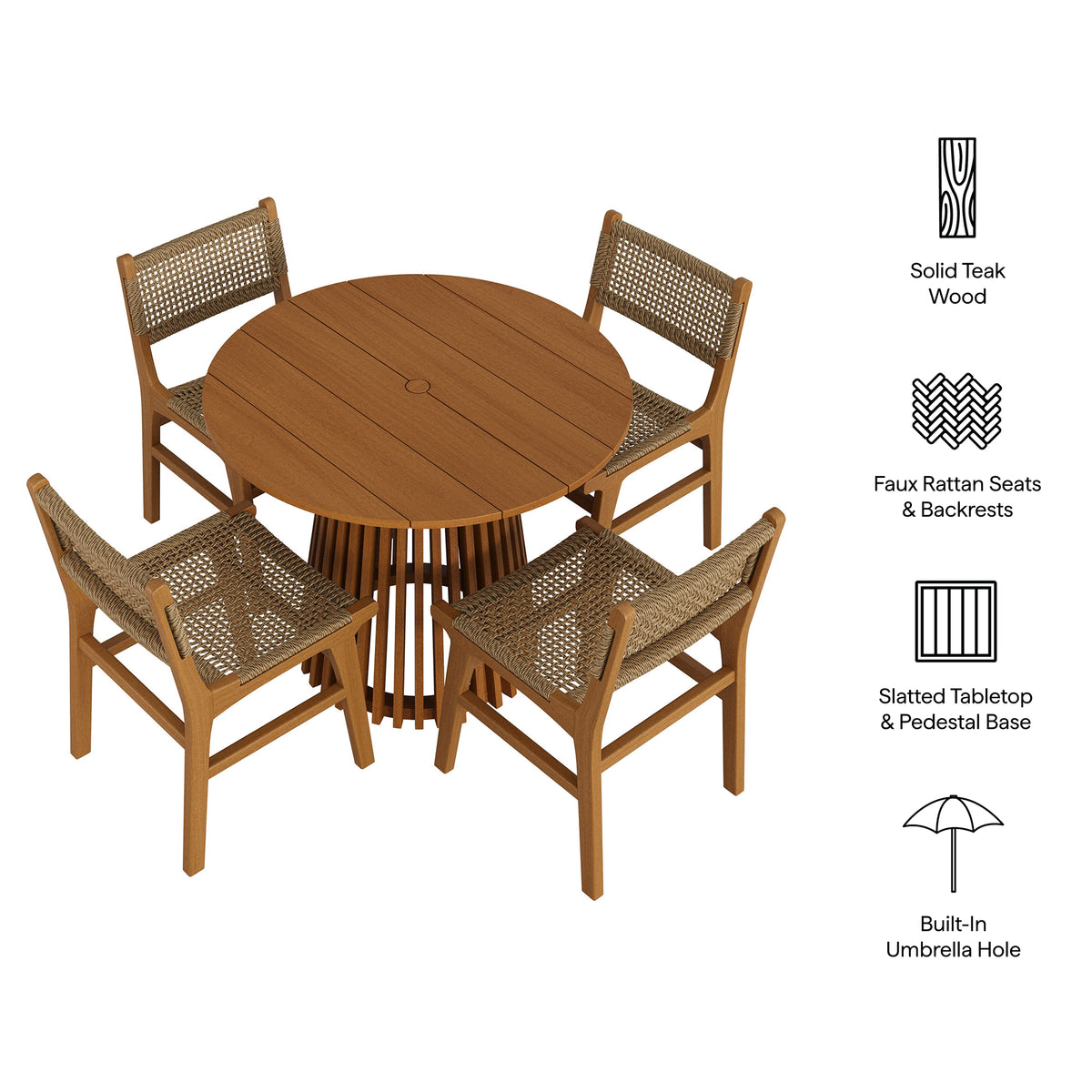 Rowe 5-Piece Outdoor Patio Teak Wood Dining Set - Natural