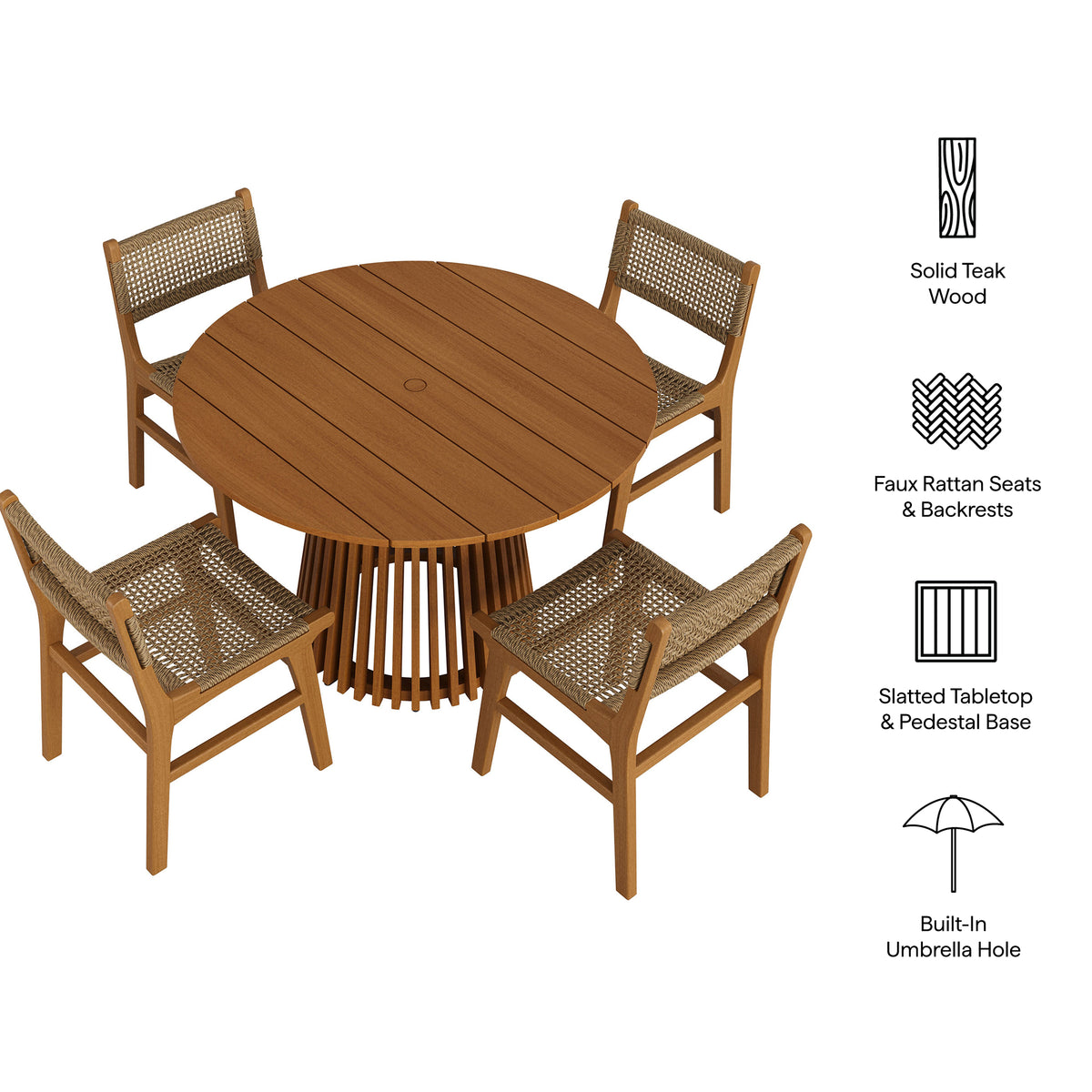 Rowe 5-Piece Outdoor Patio Teak Wood Dining Set - Natural
