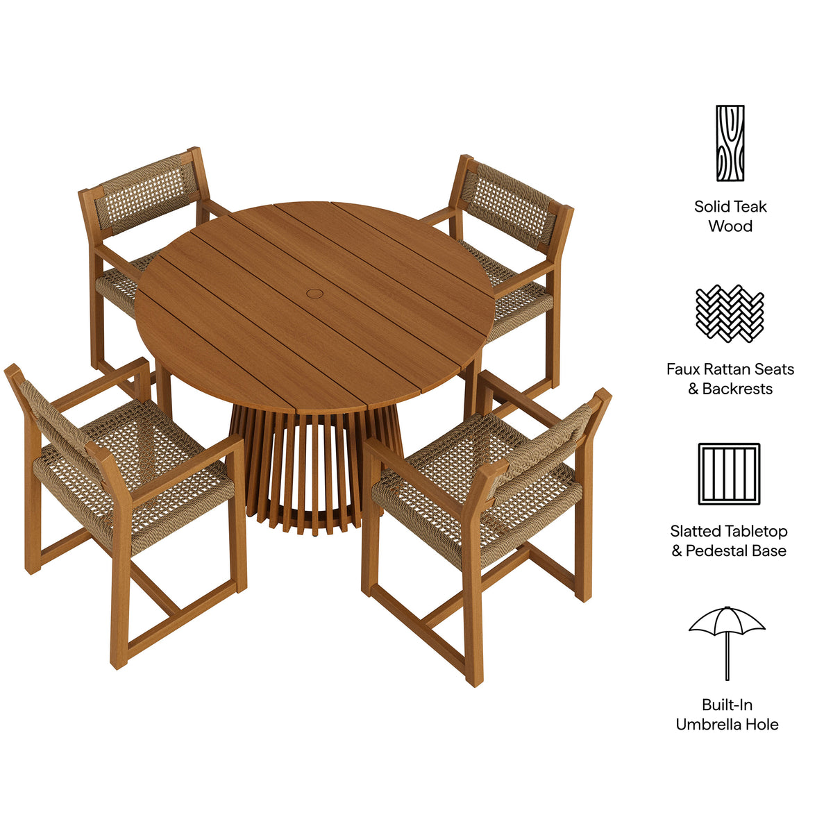 Reed 5-Piece Outdoor Patio Teak Wood Dining Set - Natural