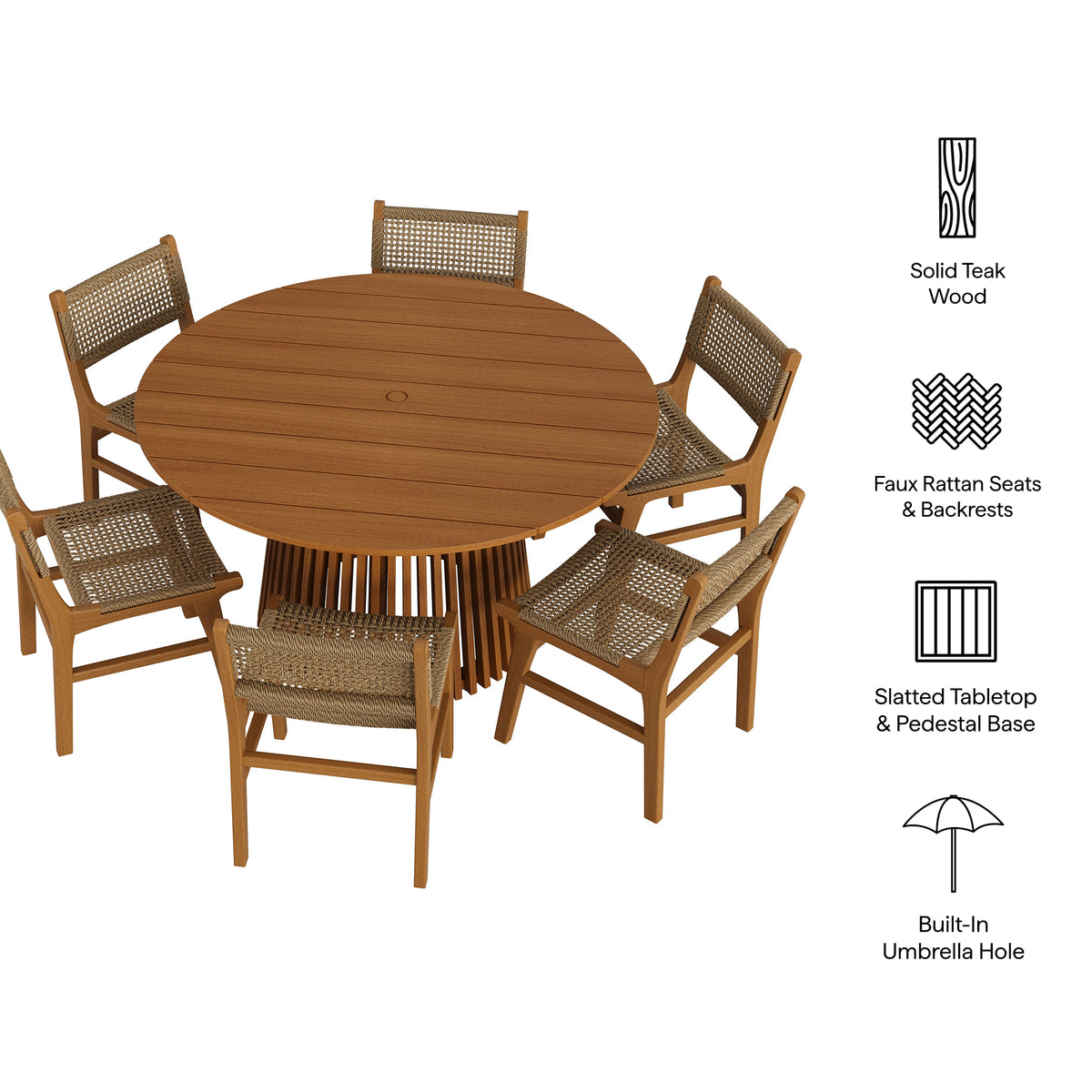 Rowe 7-Piece Outdoor Patio Teak Wood Dining Set - Natural