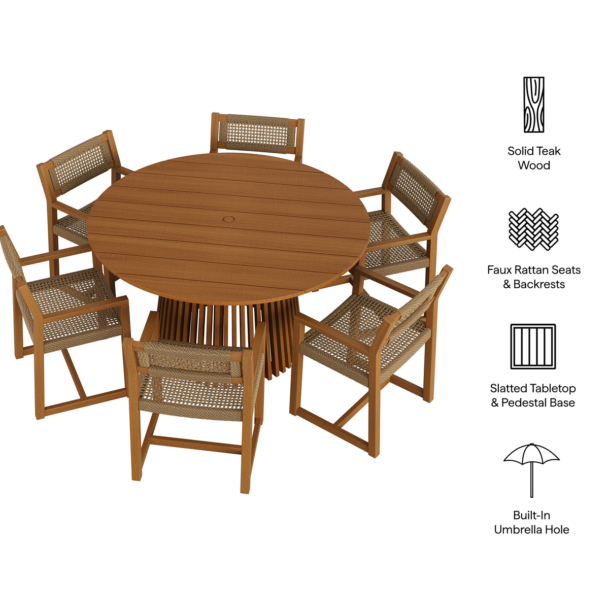 Reed 7-Piece Outdoor Patio Teak Wood Dining Set - Natural