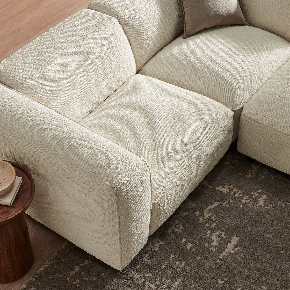Auren 3 Piece Lattice Bouclé Upholstered Modular Loveseat with Ottoman - Cream