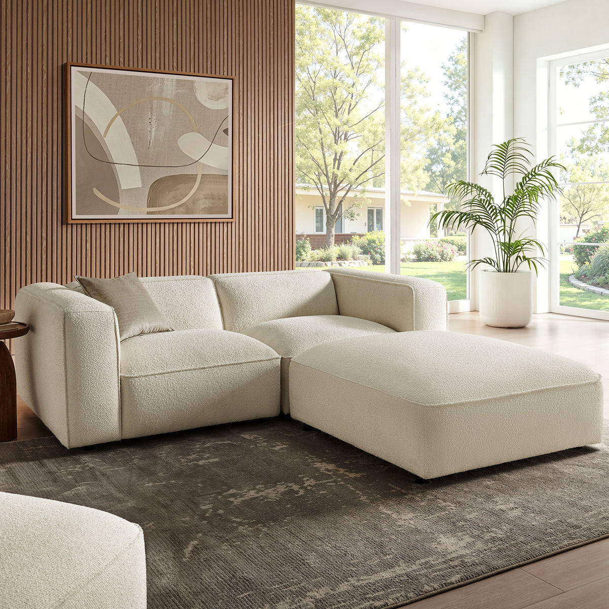 Auren 3 Piece Lattice Bouclé Upholstered Modular Loveseat with Ottoman - Cream