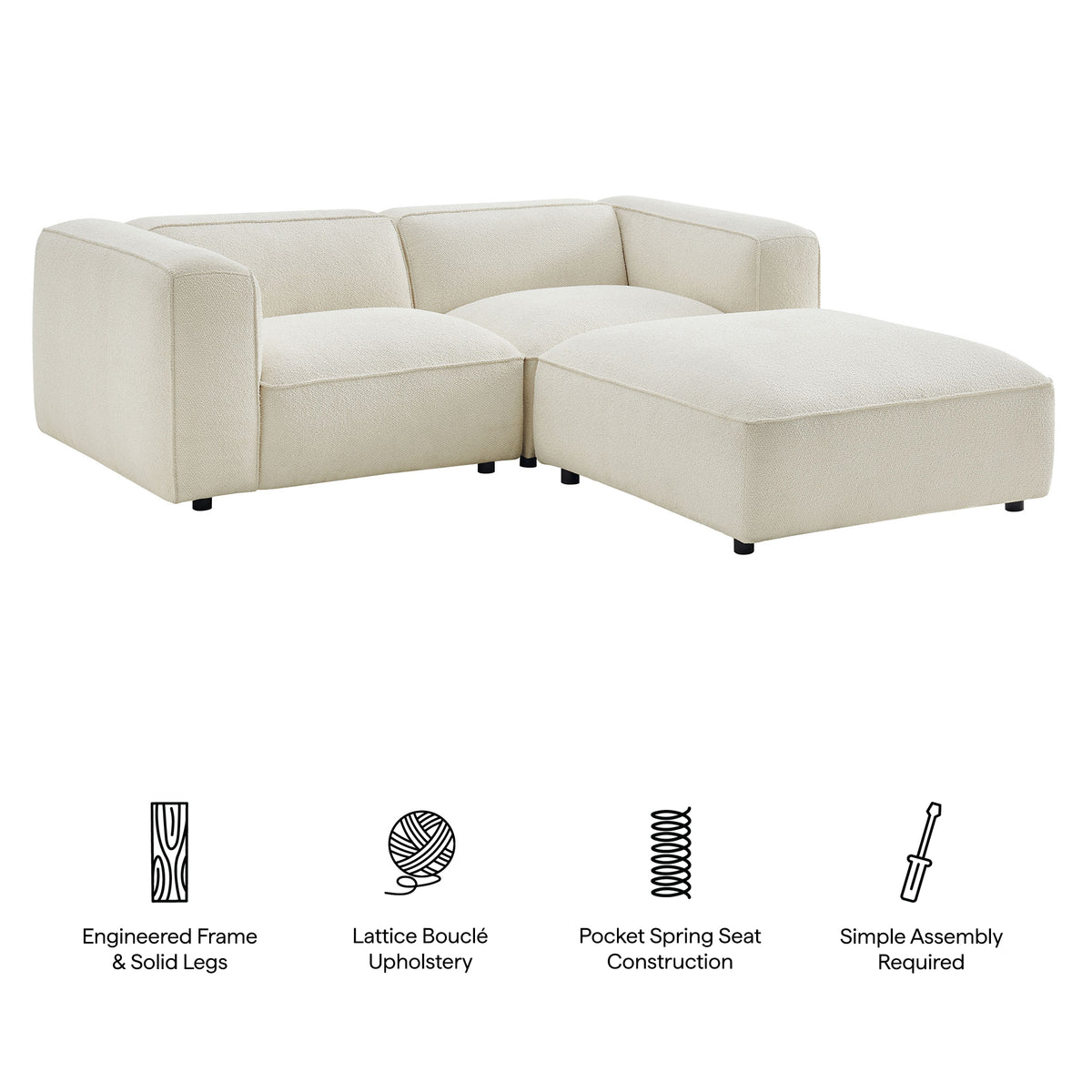 Auren 3 Piece Lattice Bouclé Upholstered Modular Loveseat with Ottoman - Cream