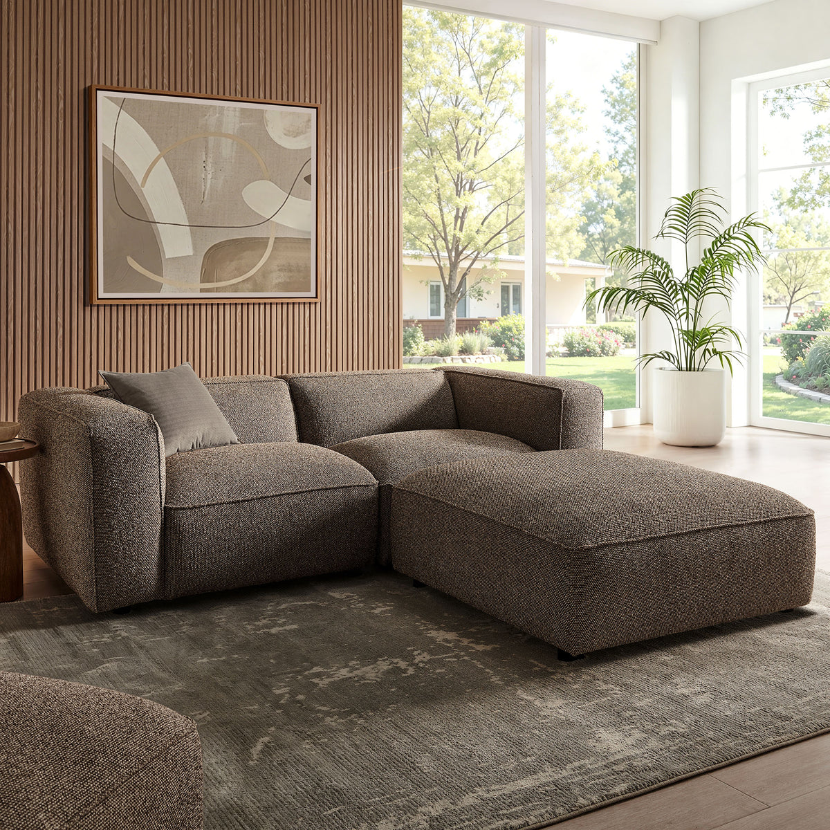 Auren 3 Piece Lattice Bouclé Upholstered Modular Loveseat with Ottoman - Earth