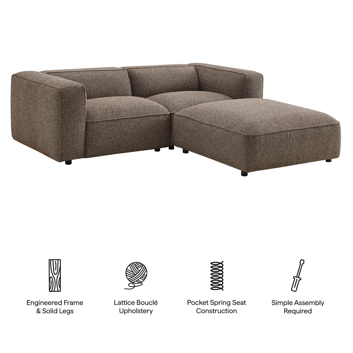 Auren 3 Piece Lattice Bouclé Upholstered Modular Loveseat with Ottoman - Earth