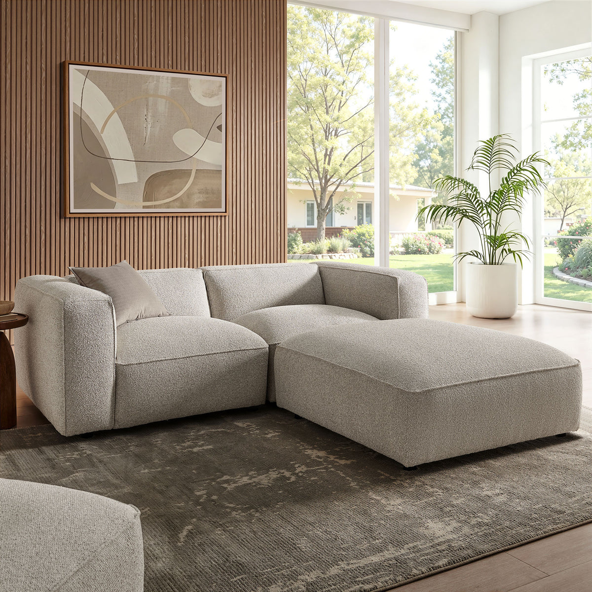 Auren 3 Piece Lattice Bouclé Upholstered Modular Loveseat with Ottoman - Fog