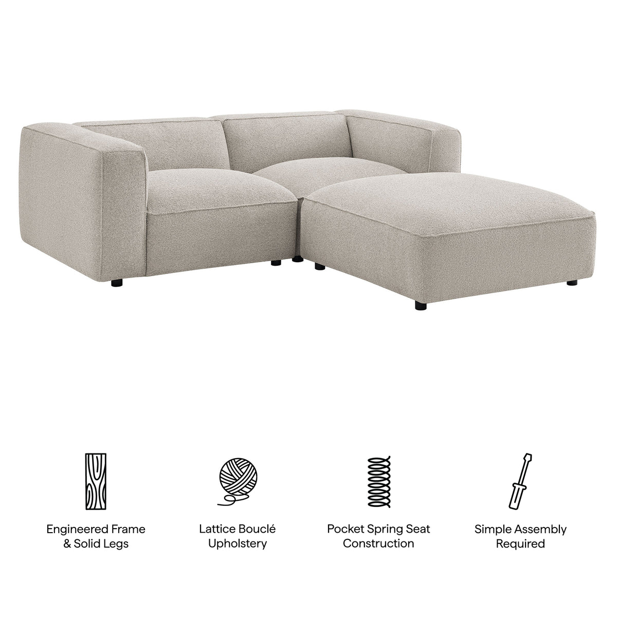 Auren 3 Piece Lattice Bouclé Upholstered Modular Loveseat with Ottoman - Fog