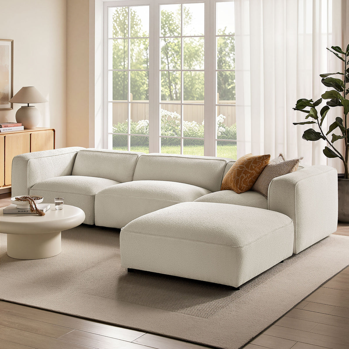 Auren 4 Piece Lattice Bouclé Upholstered Modular Sofa with Ottoman - Cream