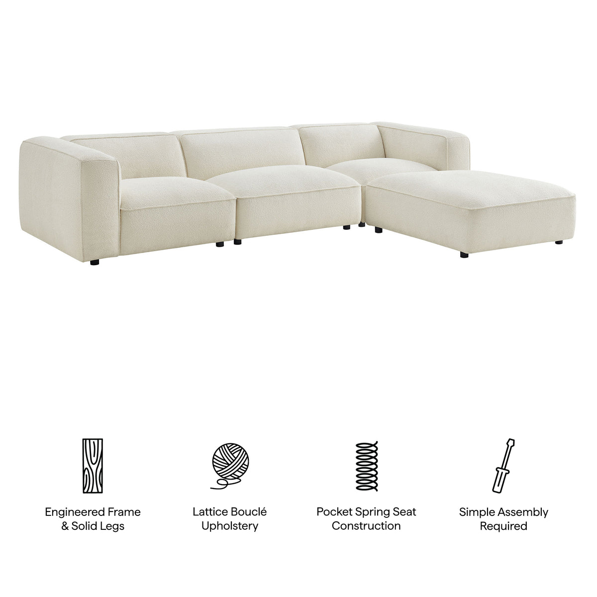 Auren 4 Piece Lattice Bouclé Upholstered Modular Sofa with Ottoman - Cream