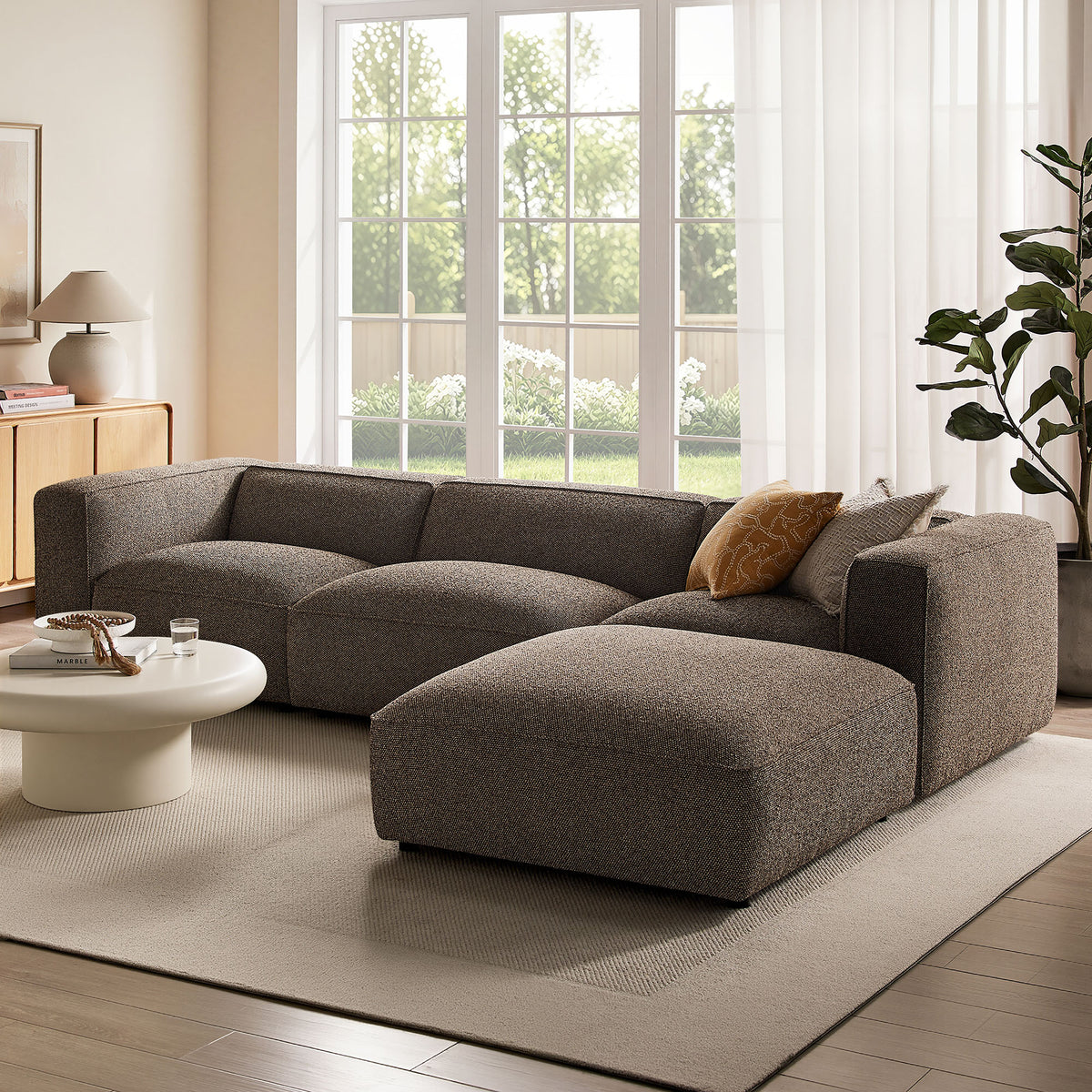 Auren 4 Piece Lattice Bouclé Upholstered Modular Sofa with Ottoman - Earth
