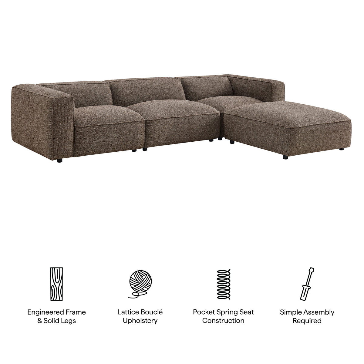 Auren 4 Piece Lattice Bouclé Upholstered Modular Sofa with Ottoman - Earth