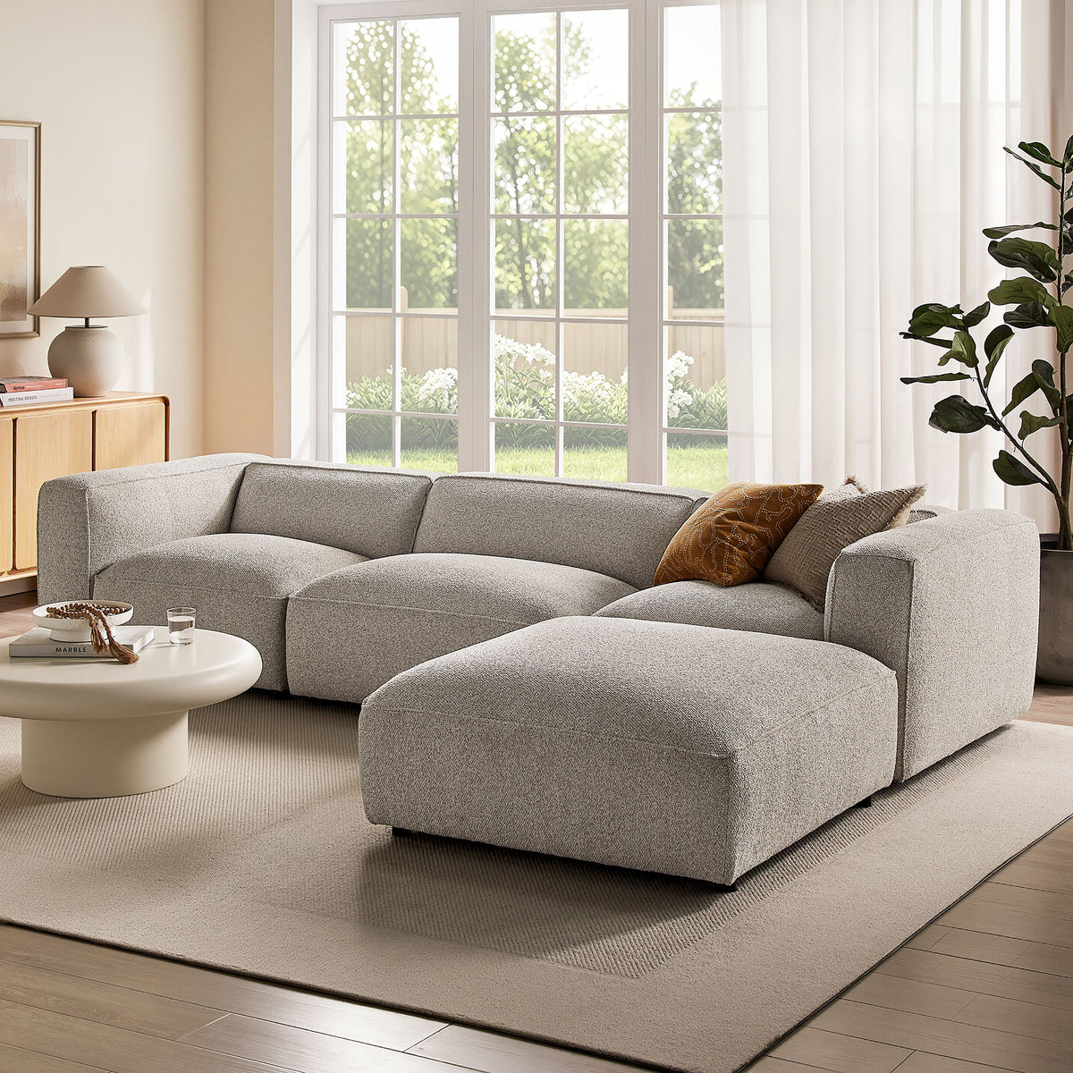 Auren 4 Piece Lattice Bouclé Upholstered Modular Sofa with Ottoman - Fog