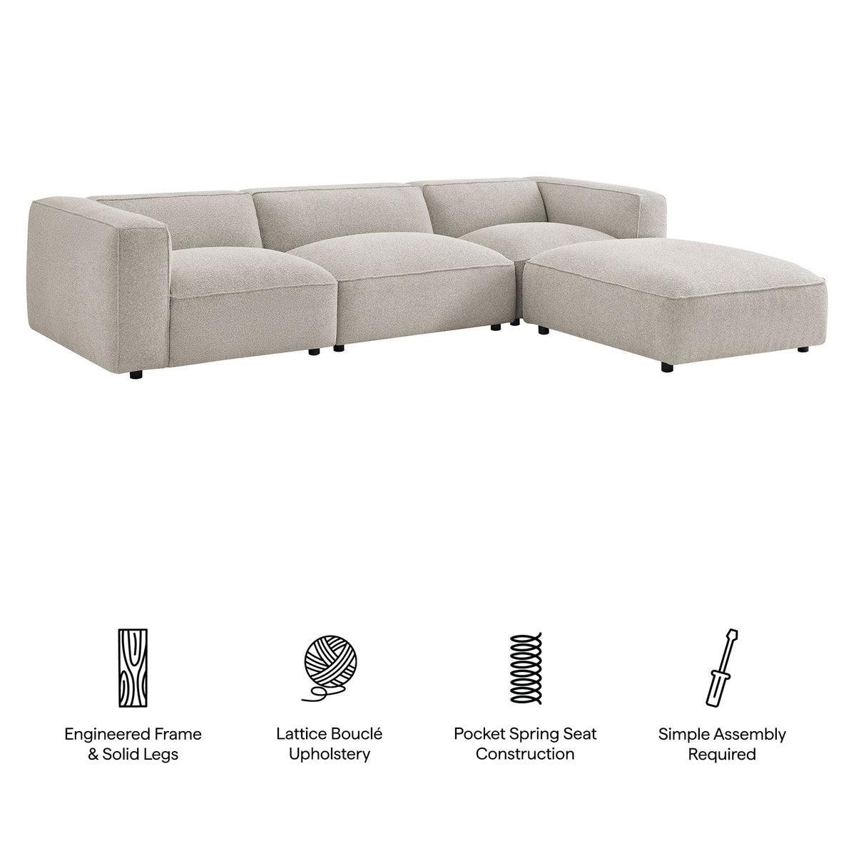 Auren 4 Piece Lattice Bouclé Upholstered Modular Sofa with Ottoman - Fog