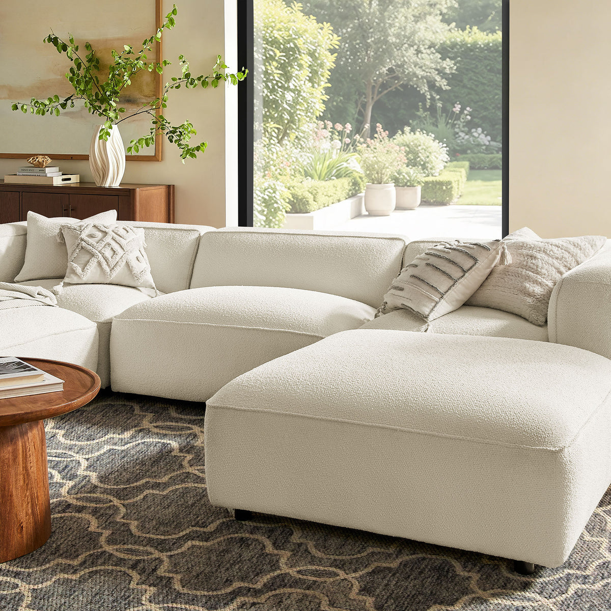 Auren 5 Piece Lattice Bouclé Upholstered Modular Sectional - Cream