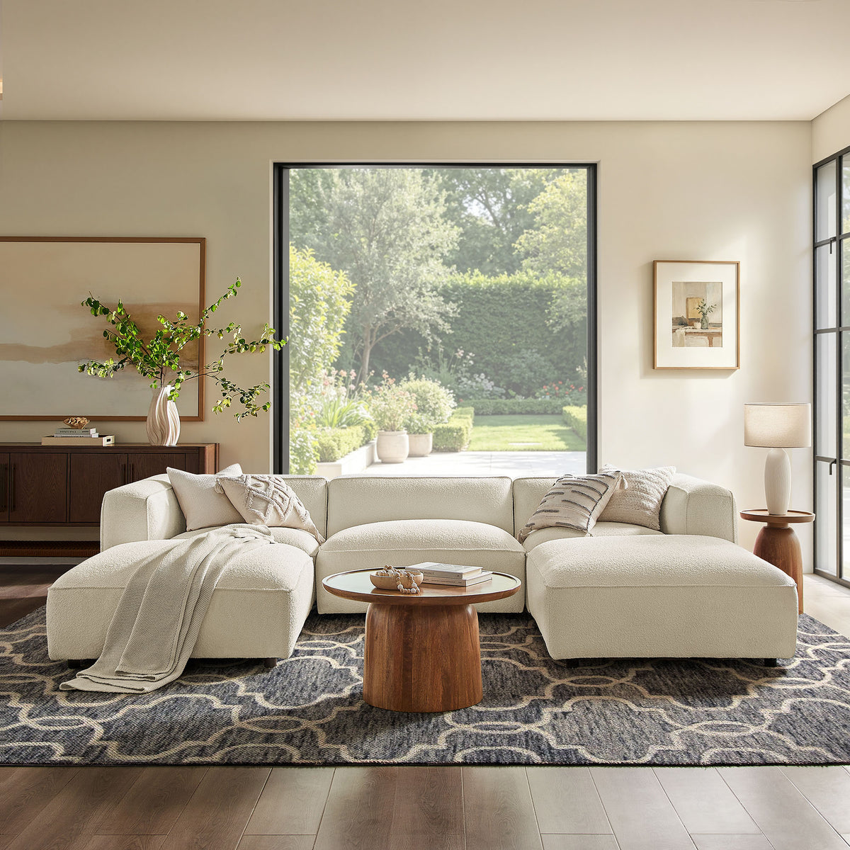 Auren 5 Piece Lattice Bouclé Upholstered Modular Sectional - Cream