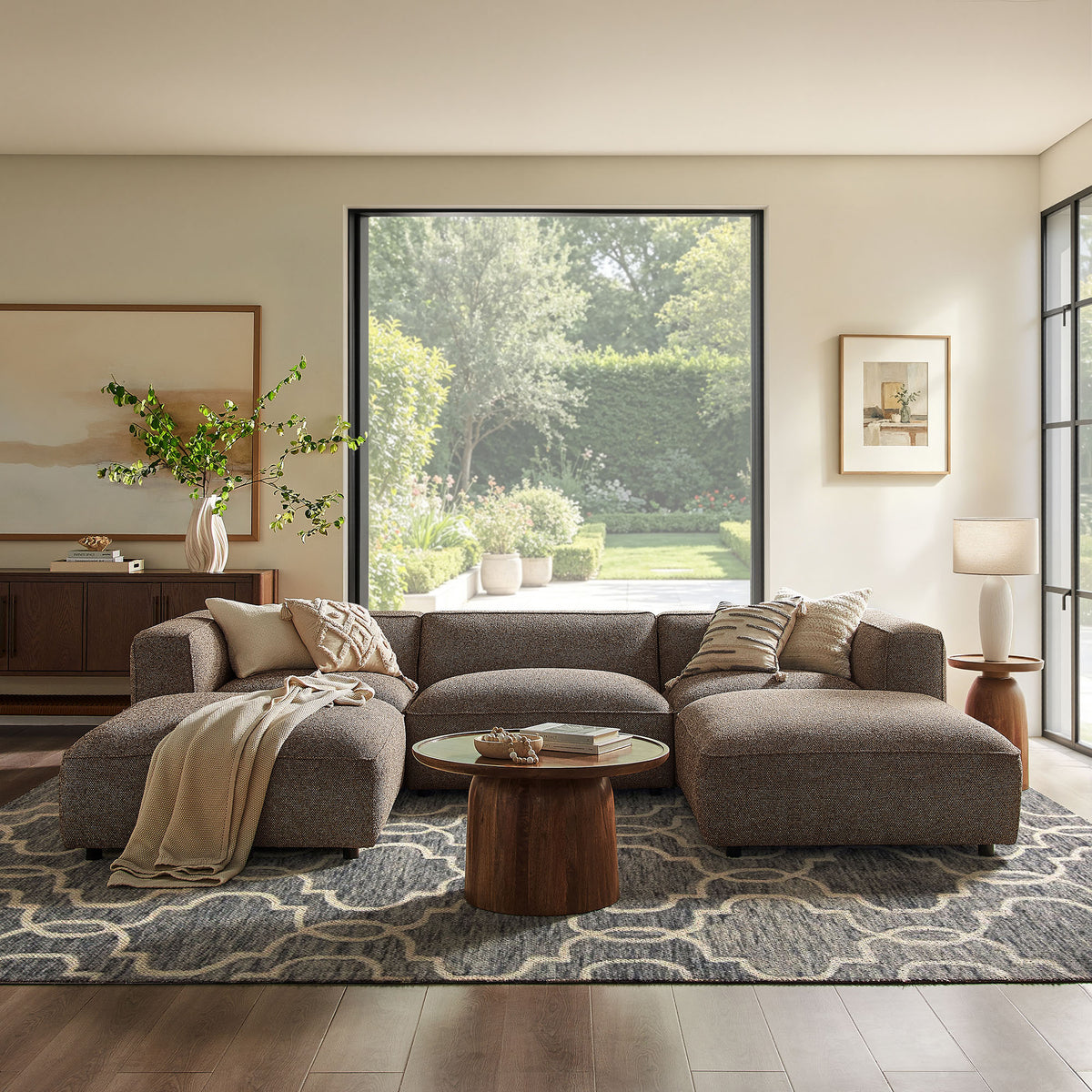 Auren 5 Piece Lattice Bouclé Upholstered Modular Sectional - Earth