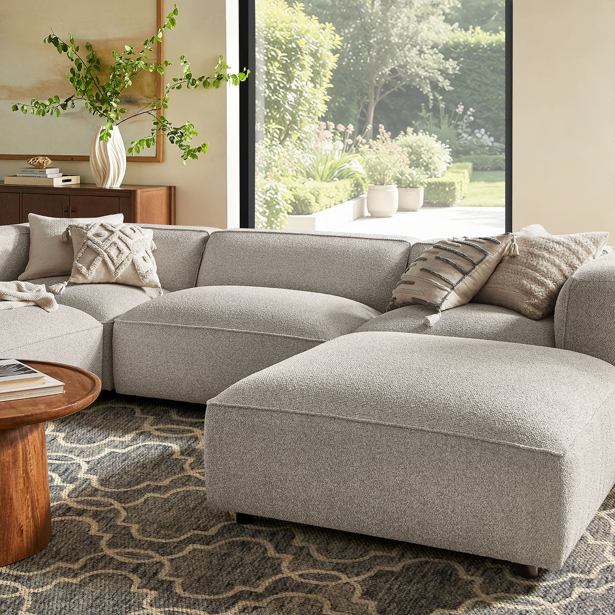 Auren 5 Piece Lattice Bouclé Upholstered Modular Sectional - Fog