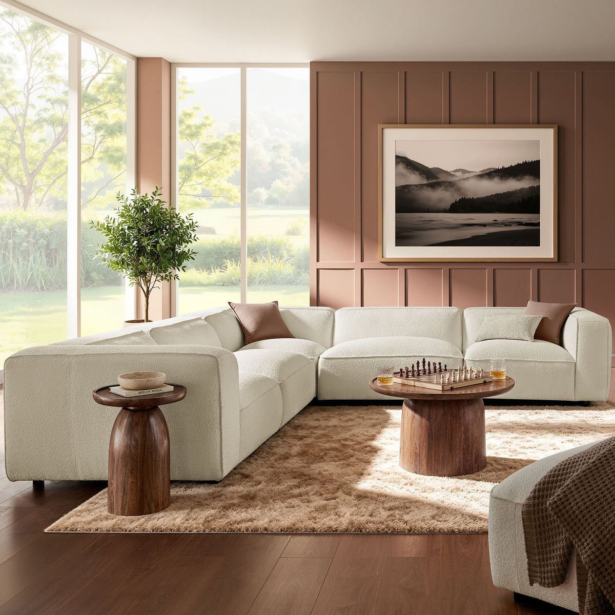Auren 5 Piece Lattice Bouclé Upholstered Modular Corner Sectional - Cream