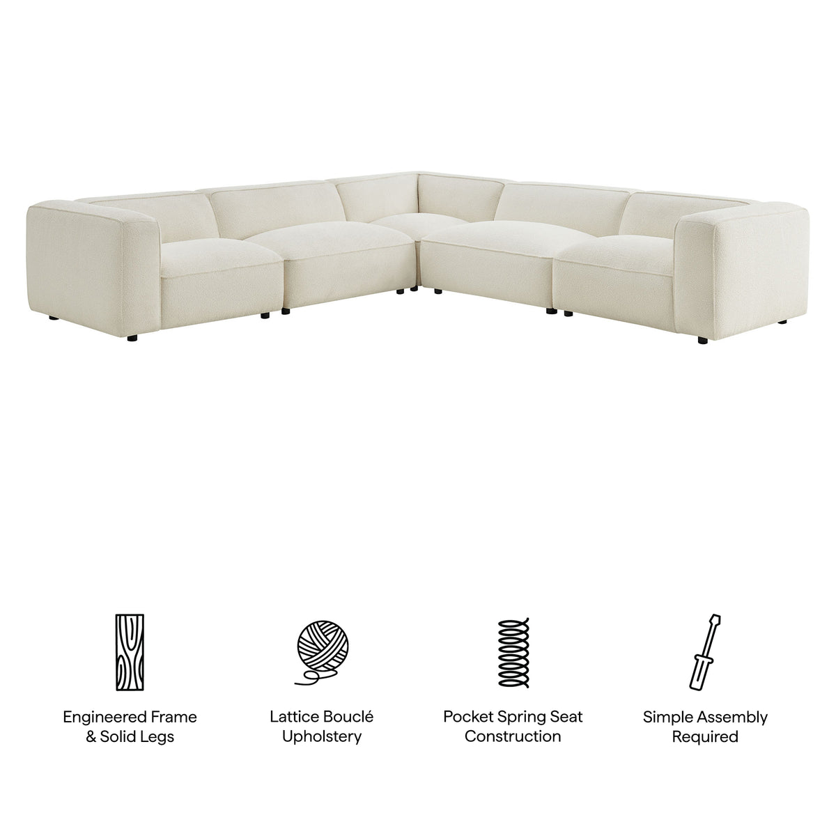 Auren 5 Piece Lattice Bouclé Upholstered Modular Corner Sectional - Cream