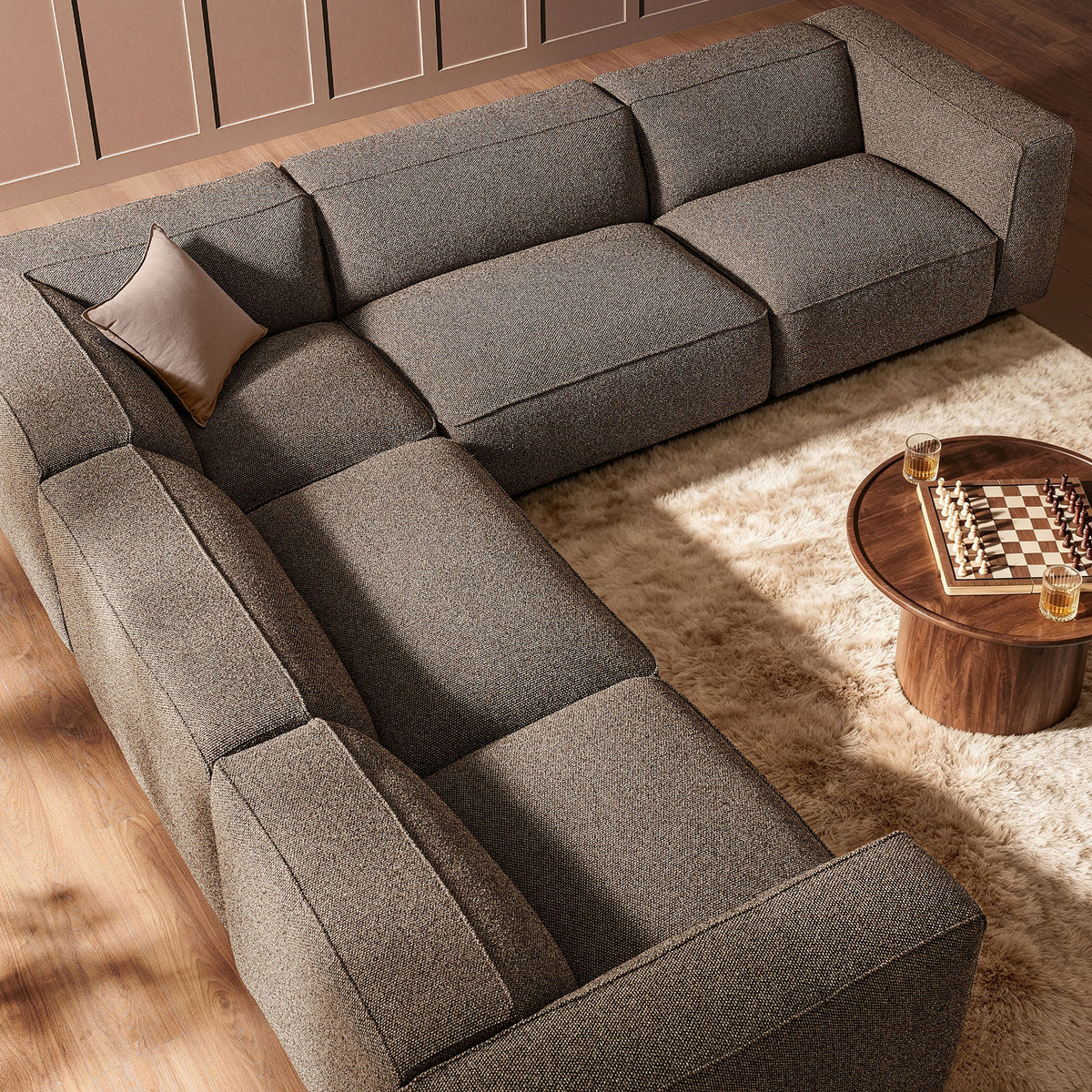 Auren 5 Piece Lattice Bouclé Upholstered Modular Corner Sectional - Earth