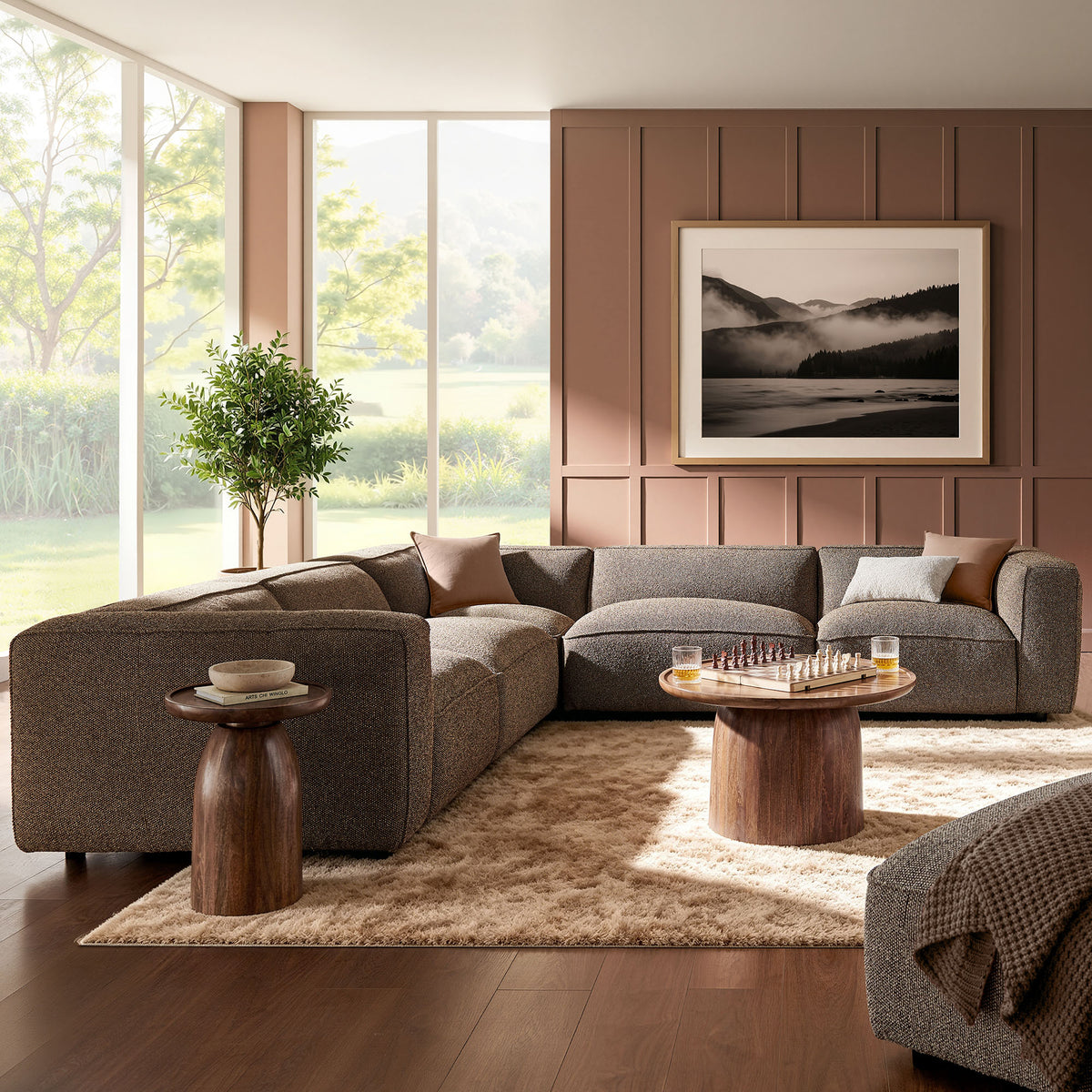 Auren 5 Piece Lattice Bouclé Upholstered Modular Corner Sectional - Earth