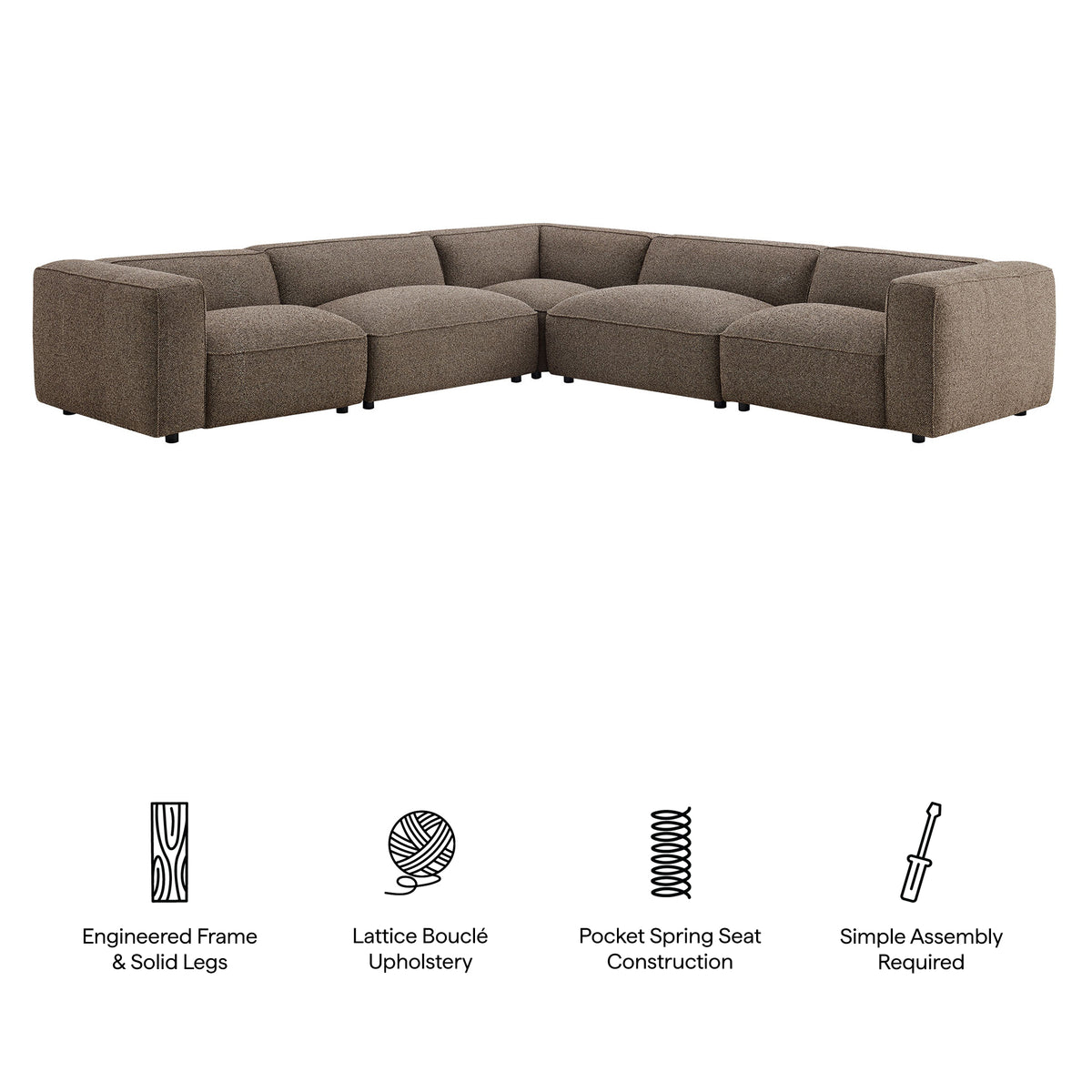 Auren 5 Piece Lattice Bouclé Upholstered Modular Corner Sectional - Earth