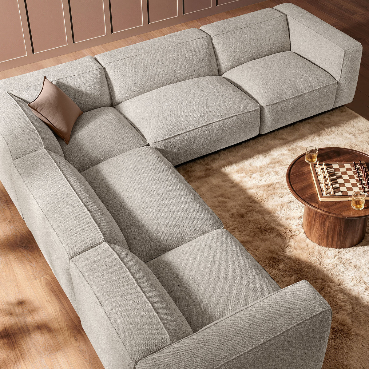 Auren 5 Piece Lattice Bouclé Upholstered Modular Corner Sectional - Fog