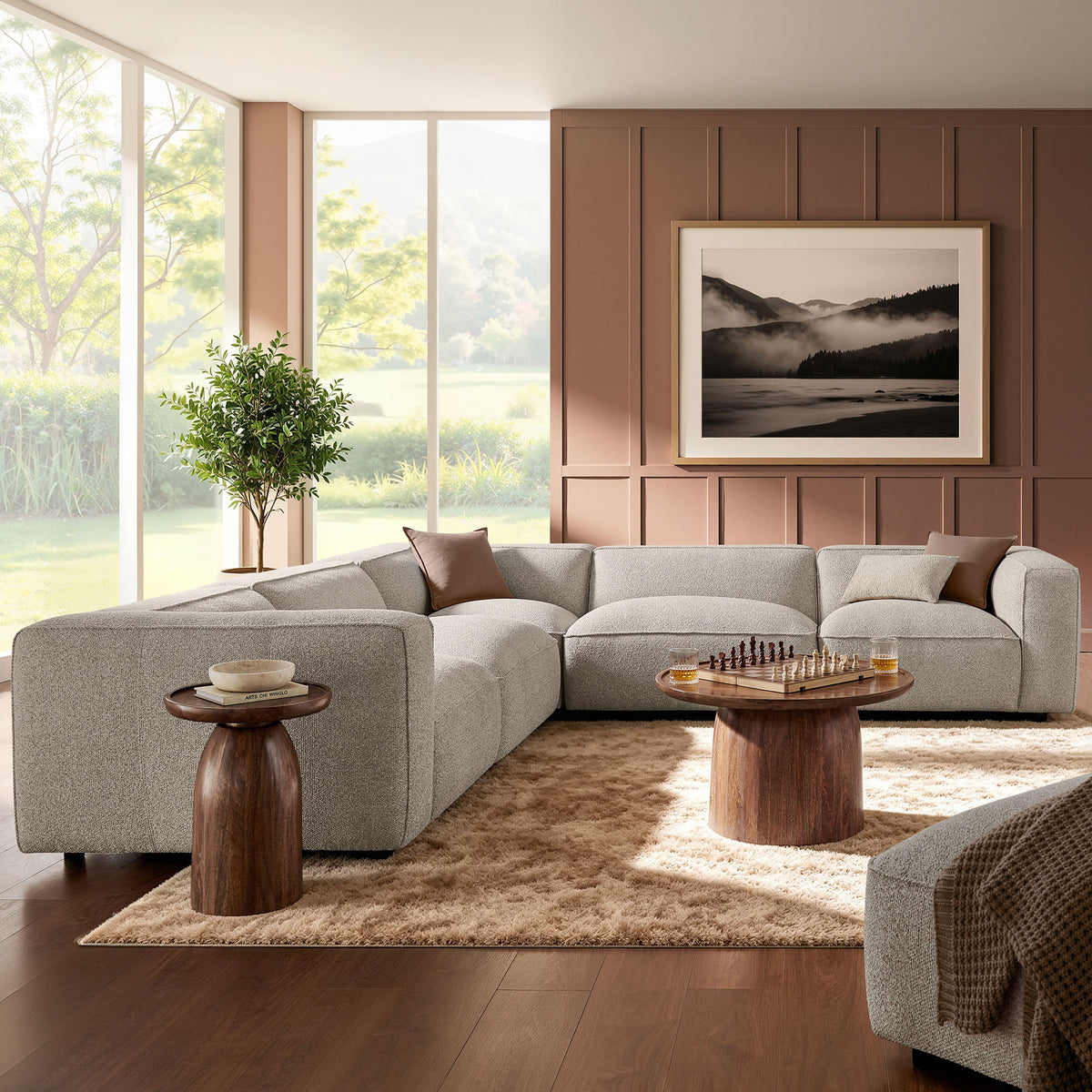 Auren 5 Piece Lattice Bouclé Upholstered Modular Corner Sectional - Fog
