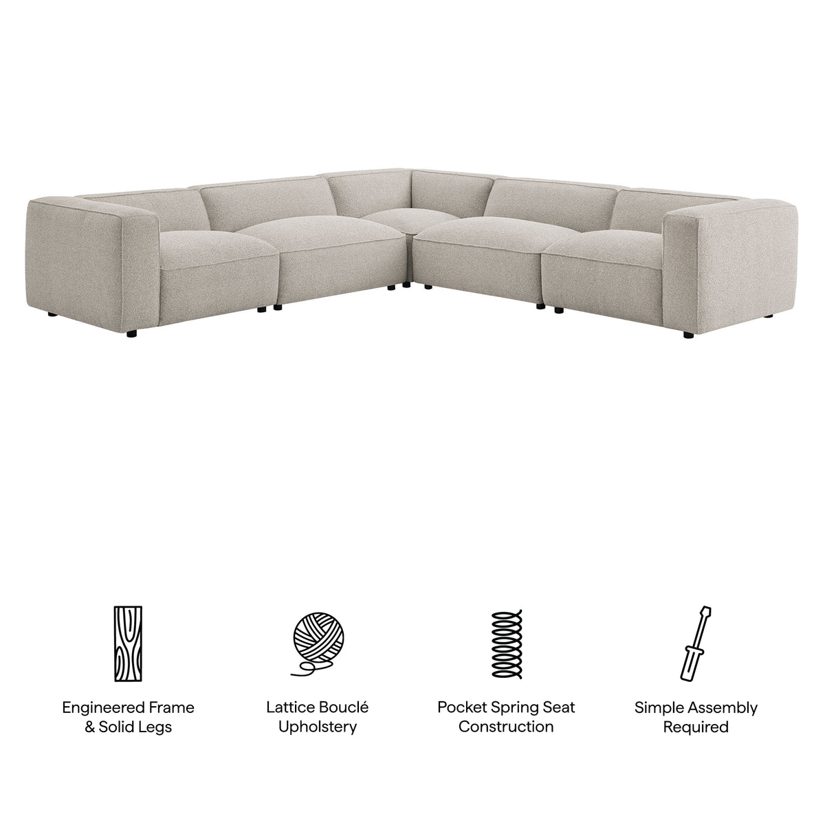 Auren 5 Piece Lattice Bouclé Upholstered Modular Corner Sectional - Fog