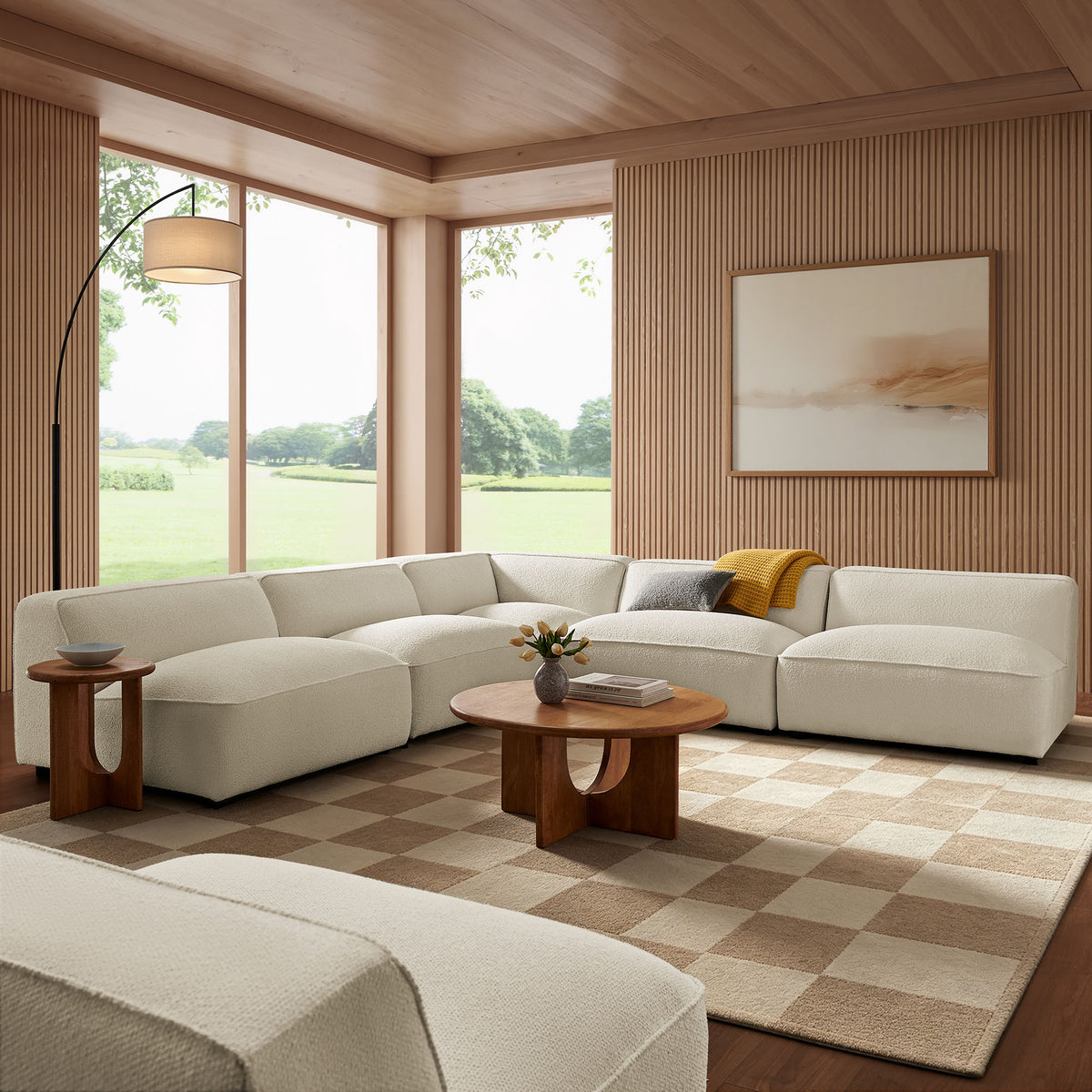 Auren 5 Piece Lattice Bouclé Upholstered Modular Corner Sectional - Cream