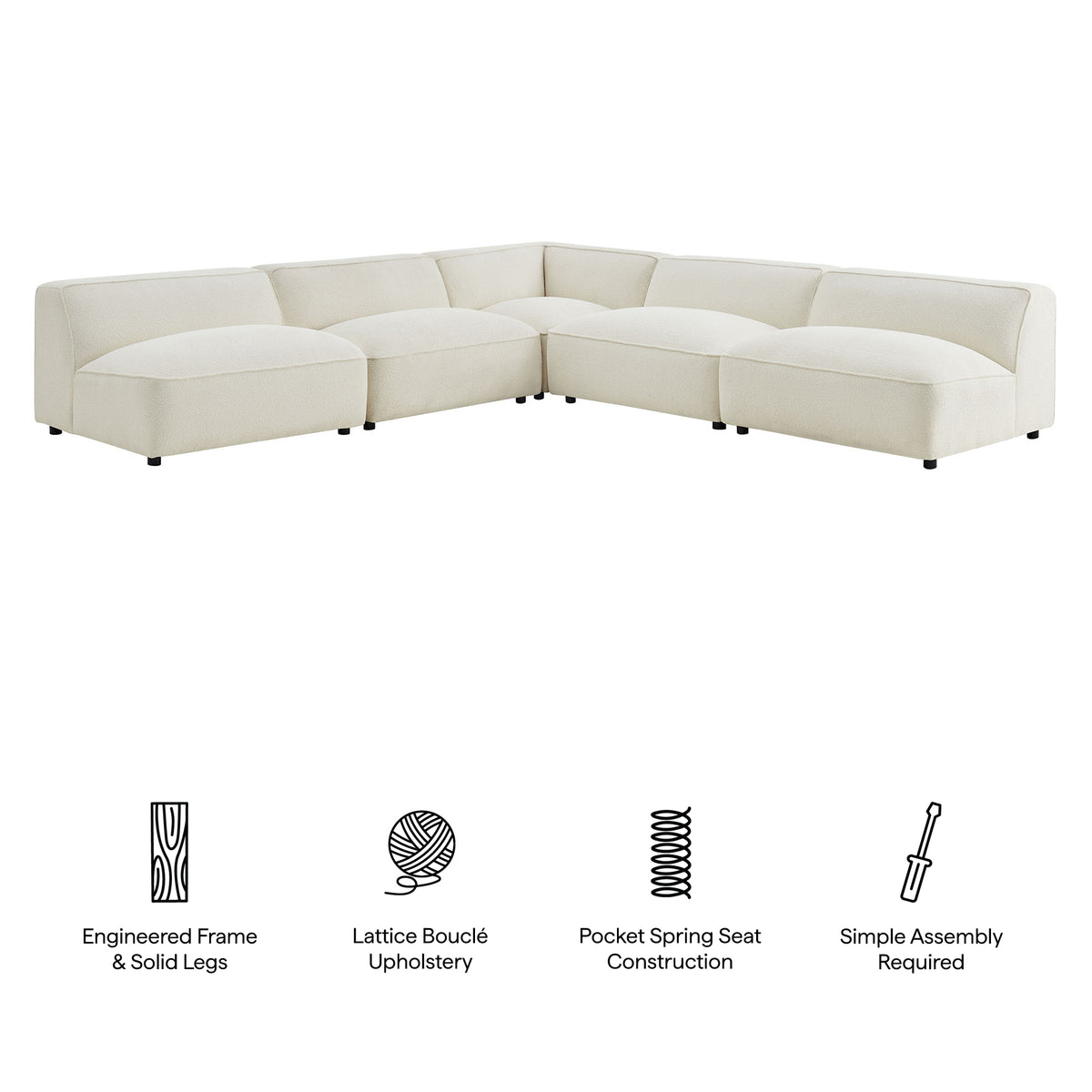 Auren 5 Piece Lattice Bouclé Upholstered Modular Corner Sectional - Cream