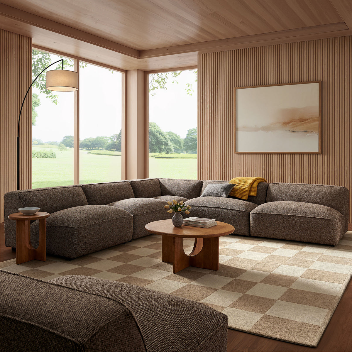 Auren 5 Piece Lattice Bouclé Upholstered Modular Corner Sectional - Earth