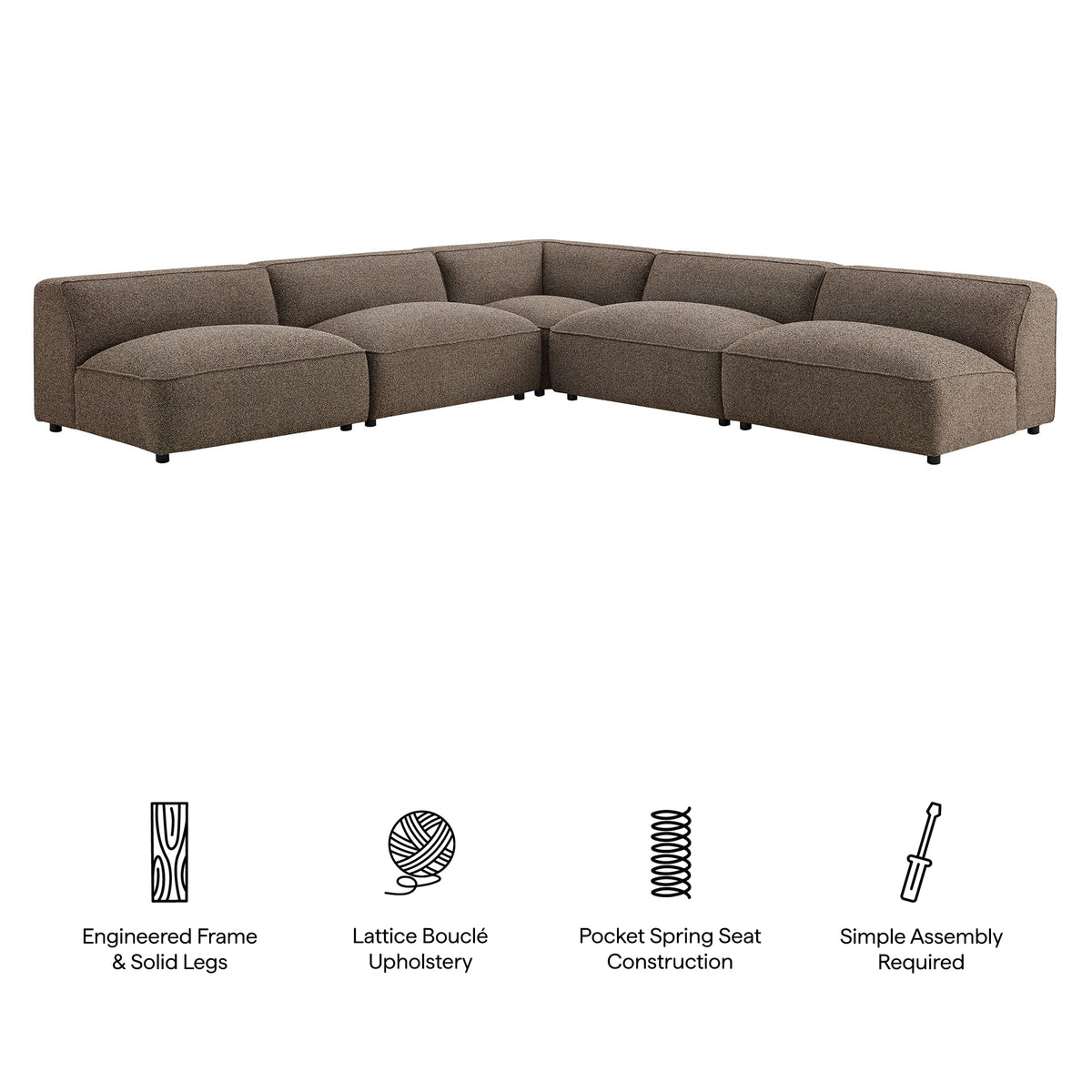 Auren 5 Piece Lattice Bouclé Upholstered Modular Corner Sectional - Earth