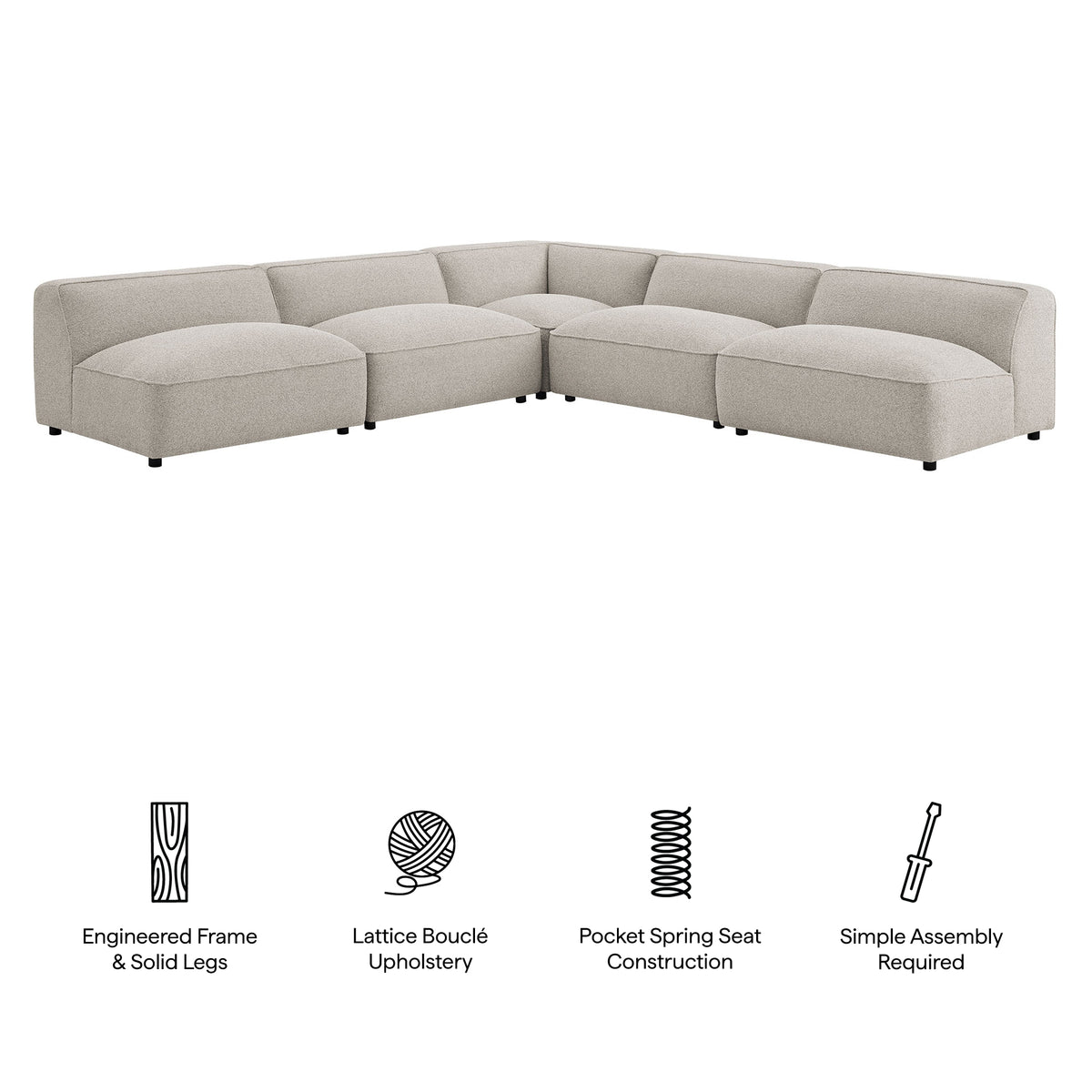 Auren 5 Piece Lattice Bouclé Upholstered Modular Corner Sectional - Fog