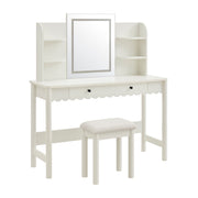 Emmeline Scalloped Makeup Vanity Desk With LED Mirror and Stool - White Ivory