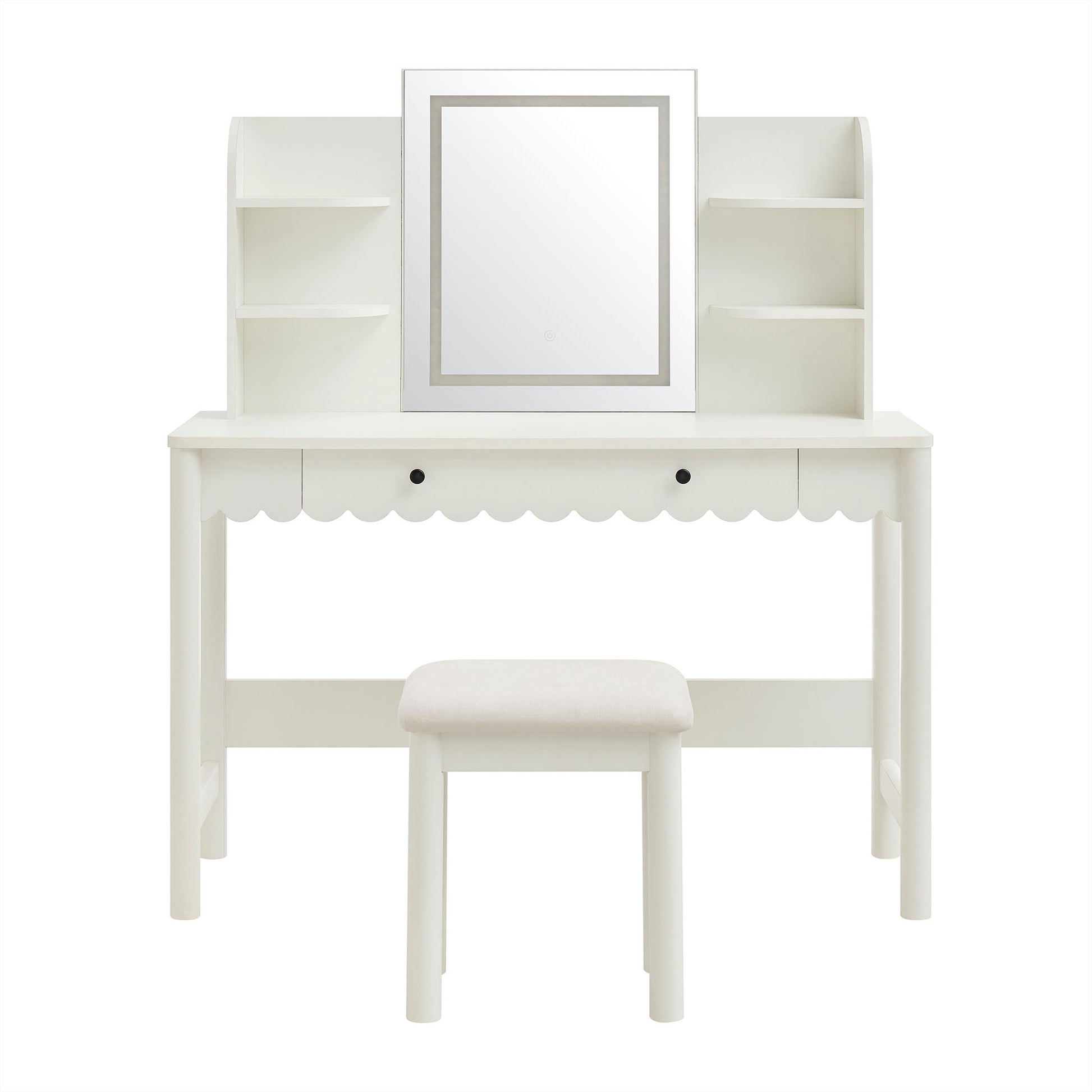 Emmeline Scalloped Makeup Vanity Desk With LED Mirror and Stool