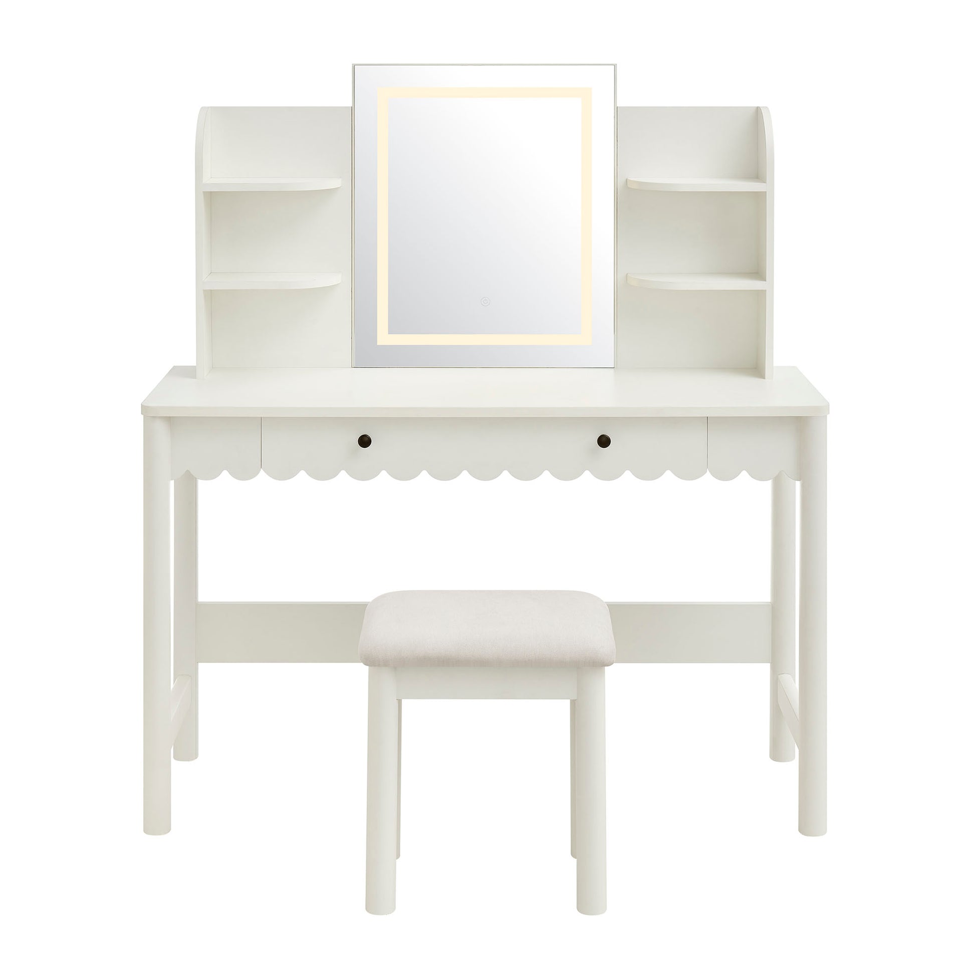 Emmeline Scalloped Makeup Vanity Desk With LED Mirror and Stool