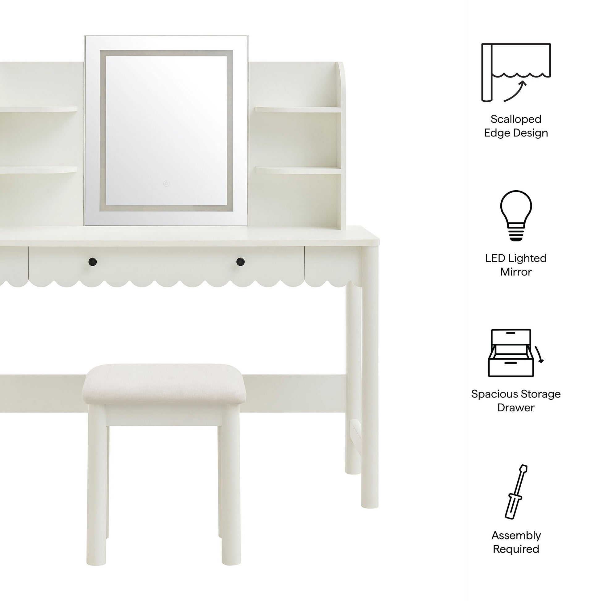 Emmeline Scalloped Makeup Vanity Desk With LED Mirror and Stool