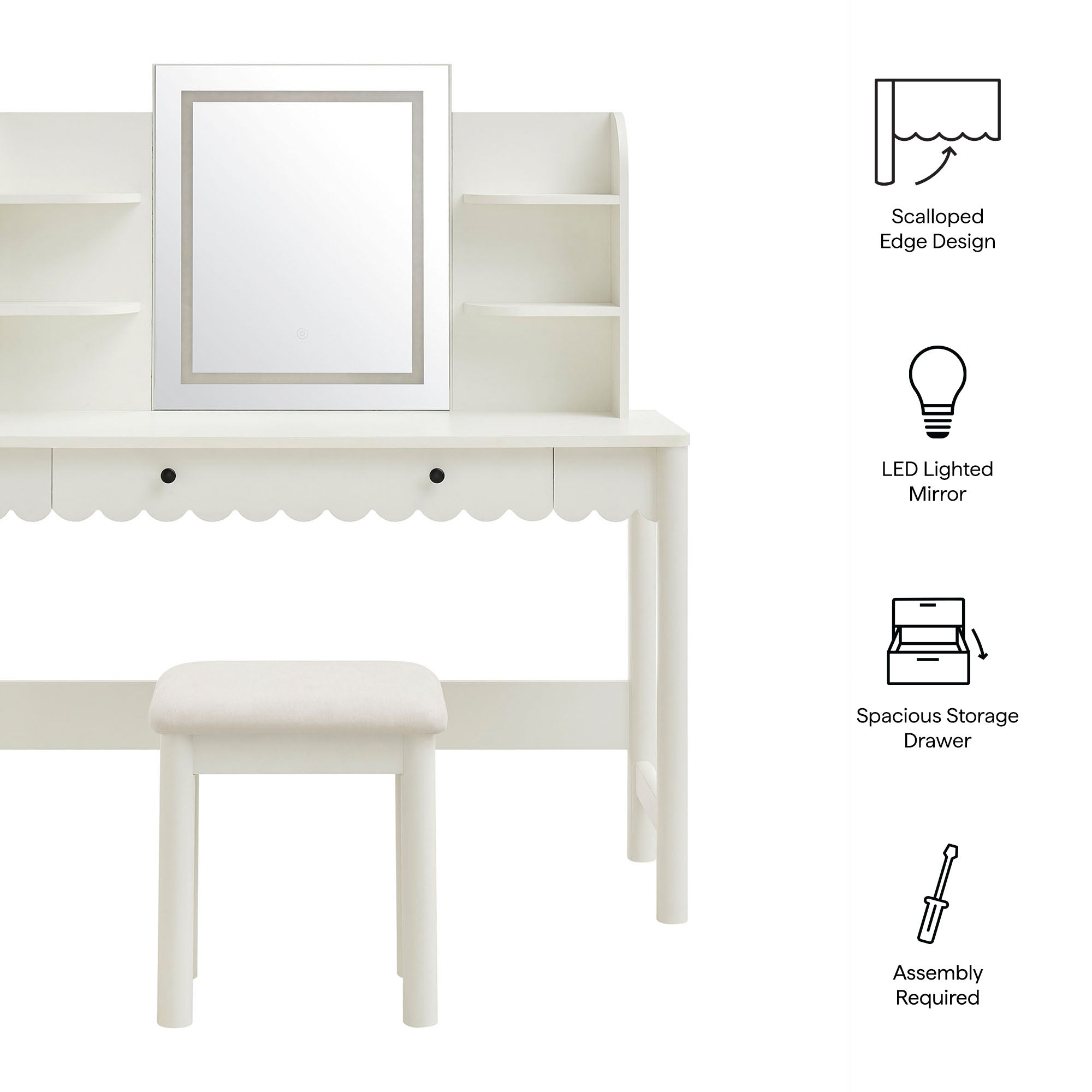 Emmeline Scalloped Makeup Vanity Desk With LED Mirror and Stool