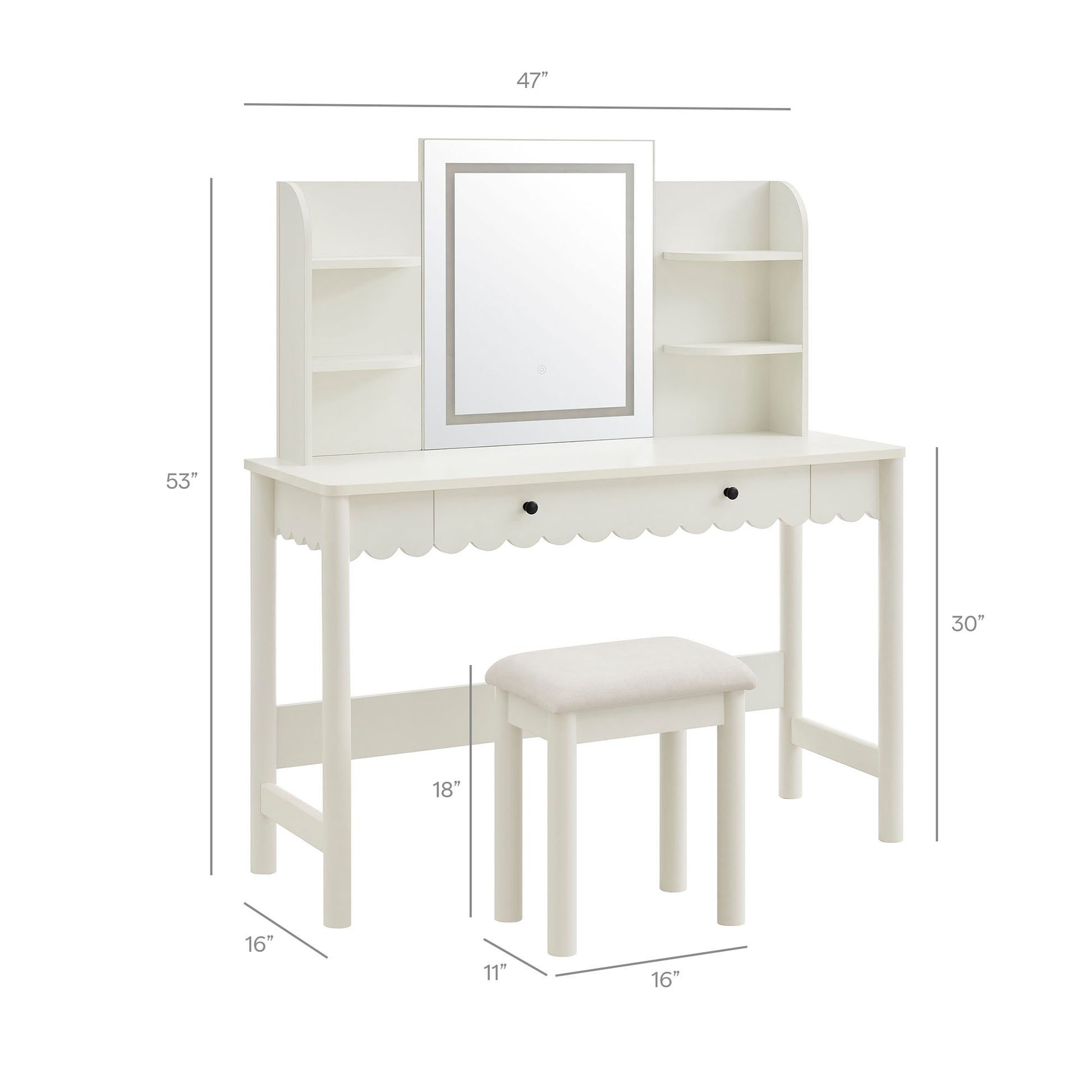 Emmeline Scalloped Makeup Vanity Desk With LED Mirror and Stool