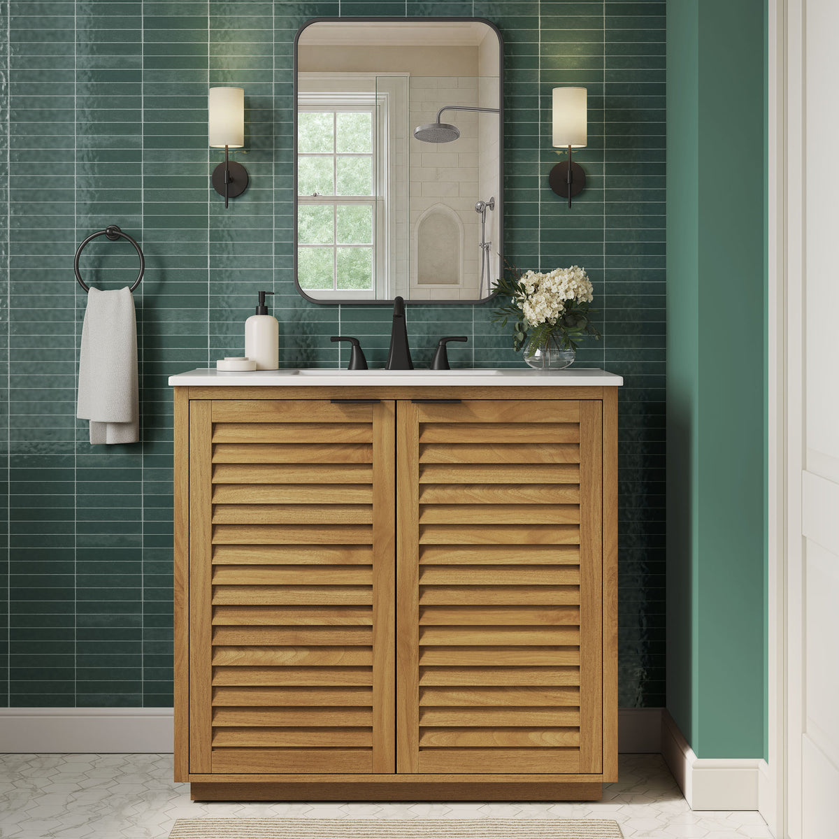Tavira 36 Inch Shutter-Style Bathroom Vanity Cabinet - Natural