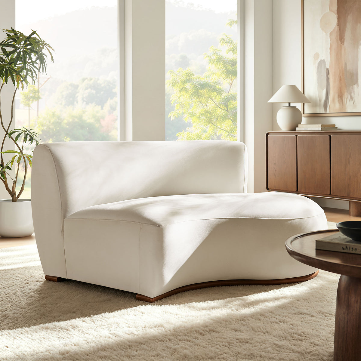Rialta Curved Right-Arm Performance Velvet Sectional Loveseat - Alabaster