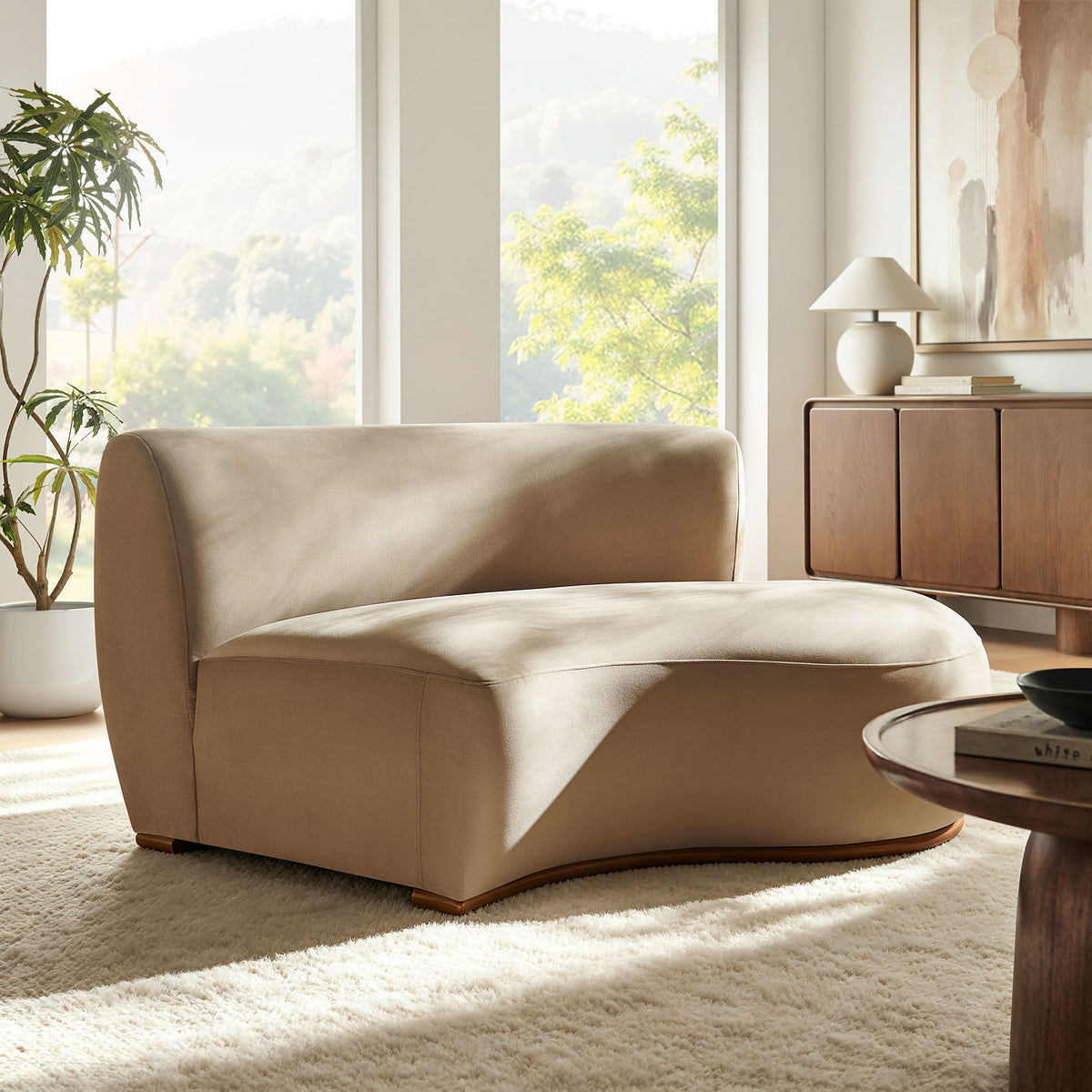 Rialta Curved Right-Arm Performance Velvet Sectional Loveseat - Taupe