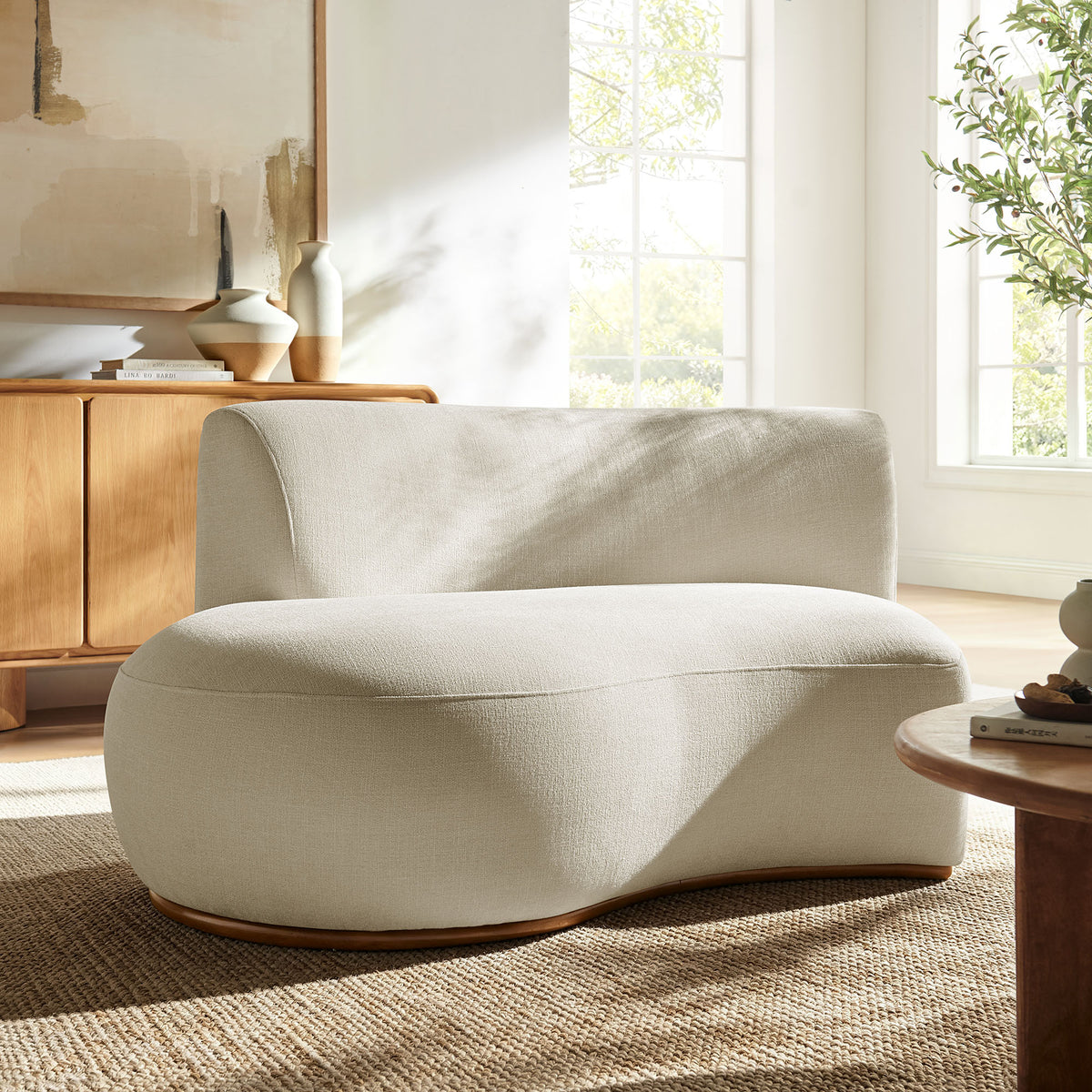 Rialta Curved Left-Arm Slub Weave Fabric Sectional Loveseat - Ecru