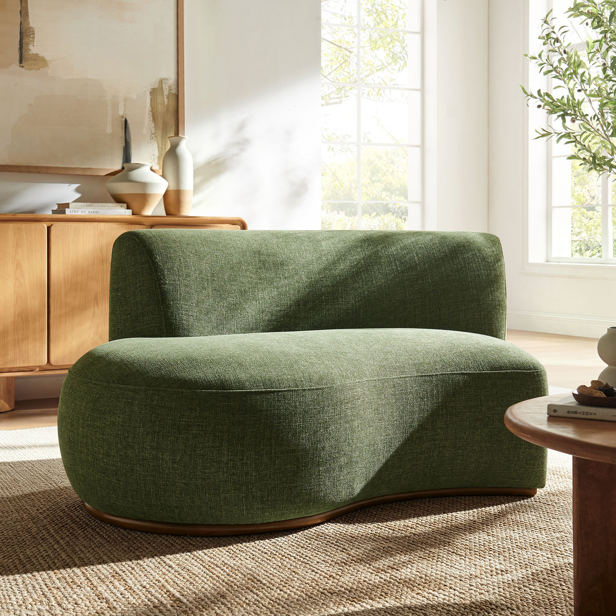 Rialta Curved Left-Arm Slub Weave Fabric Sectional Loveseat - Foliage