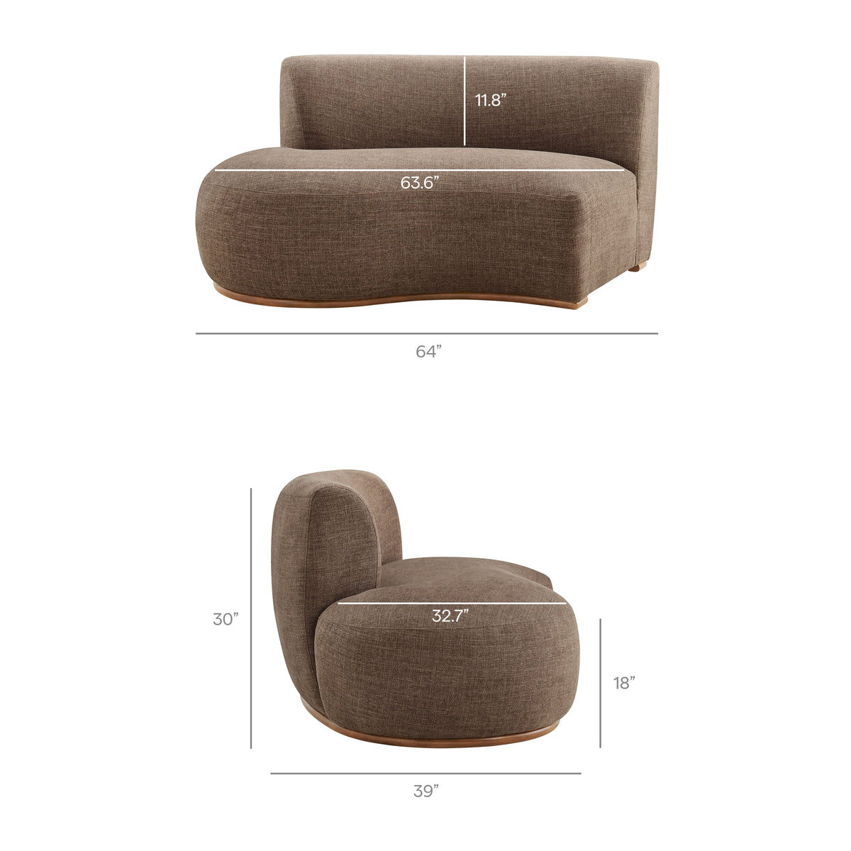 Rialta Curved Left-Arm Slub Weave Fabric Sectional Loveseat - Mocha