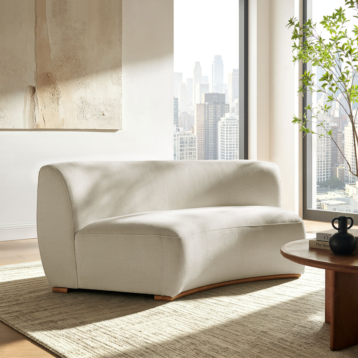 Rialta Curved Armless Slub Weave Fabric Sectional Loveseat - Ecru