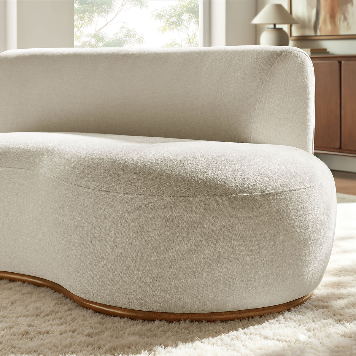 Rialta Curved Right-Arm Slub Weave Fabric Sectional Loveseat - Ecru
