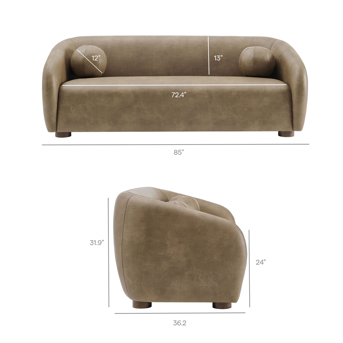Holland 85" Vegan Leather Sofa - Mushroom